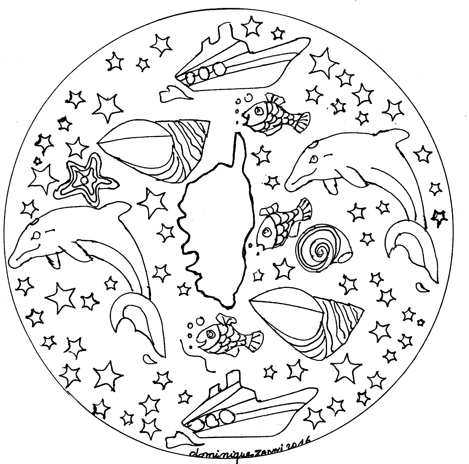 Un Mandala 'Corse & dauphins' qui sort de l'ordinaire, qui vous permettra de passer un bon moment de coloriage, sans trop vous compliquer la vie à colorier de toute petites zones.