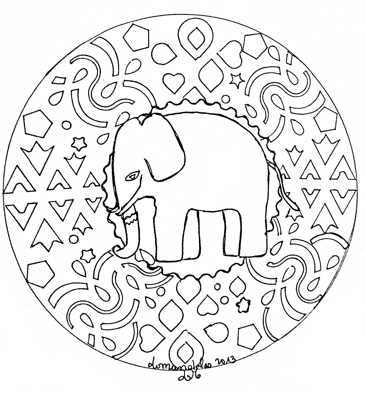 Des détails relativement faciles à colorier, pour un coloriage de Mandala 'éléphant' très original et de grande qualité.