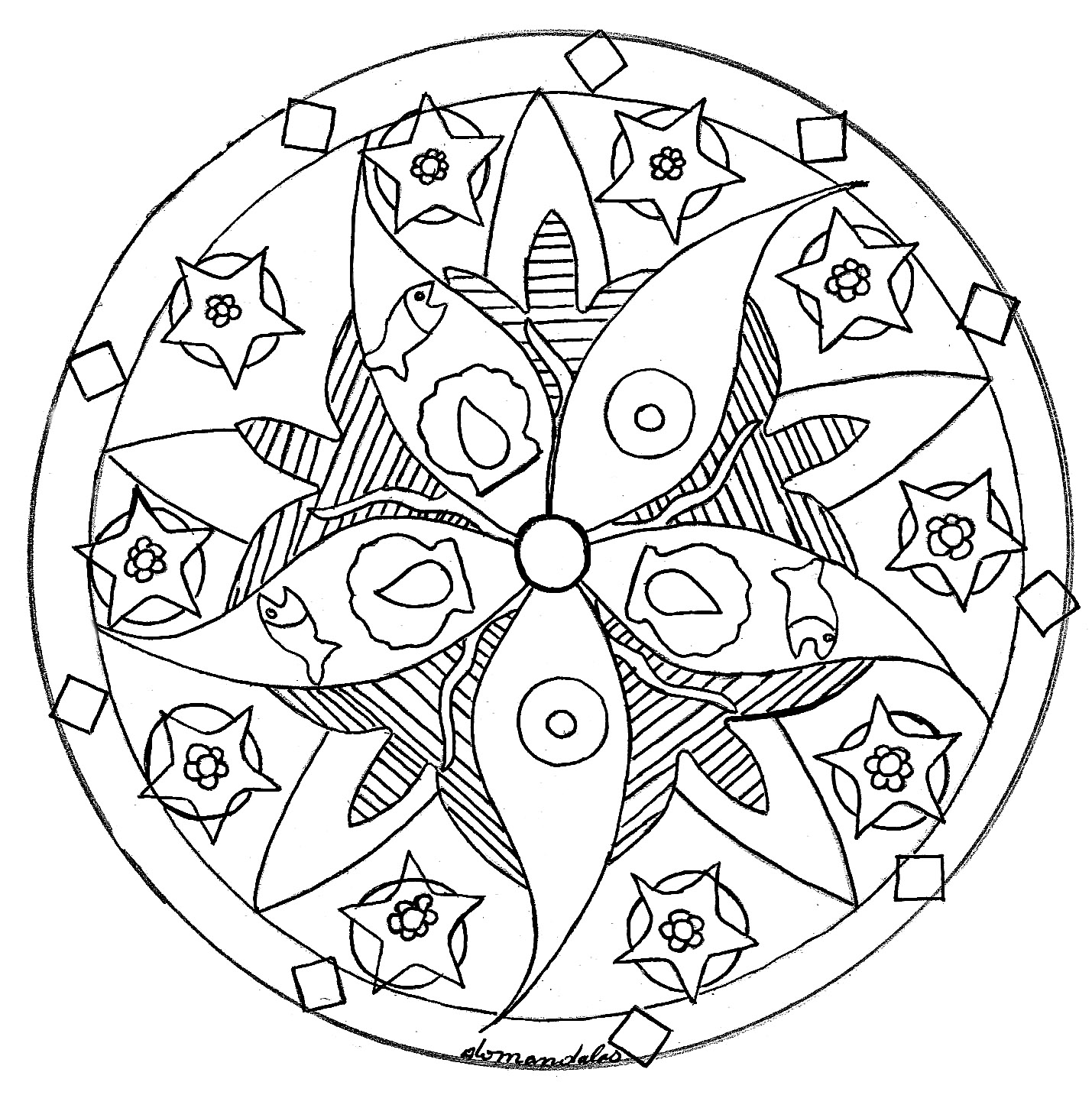 Un Mandala 'étoiles de mer & poissons' de difficulté 'normale', qui conviendra aux enfants et aux adultes qui souhaitent des coloriages ni trop simples ni trop difficiles.