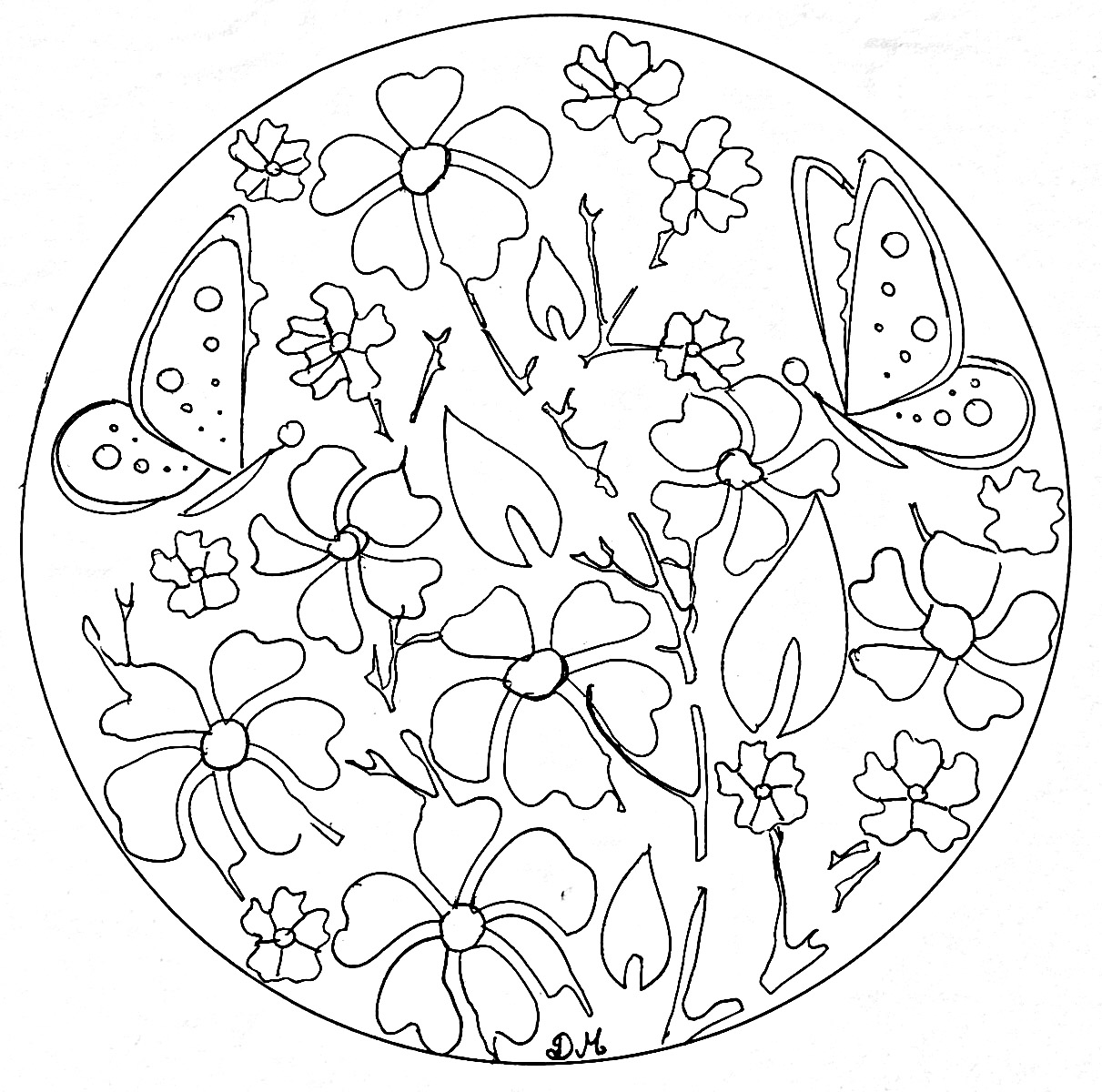 Des détails relativement faciles à colorier, pour un coloriage de Mandala 'fleurs & papillons' très original et de grande qualité.
