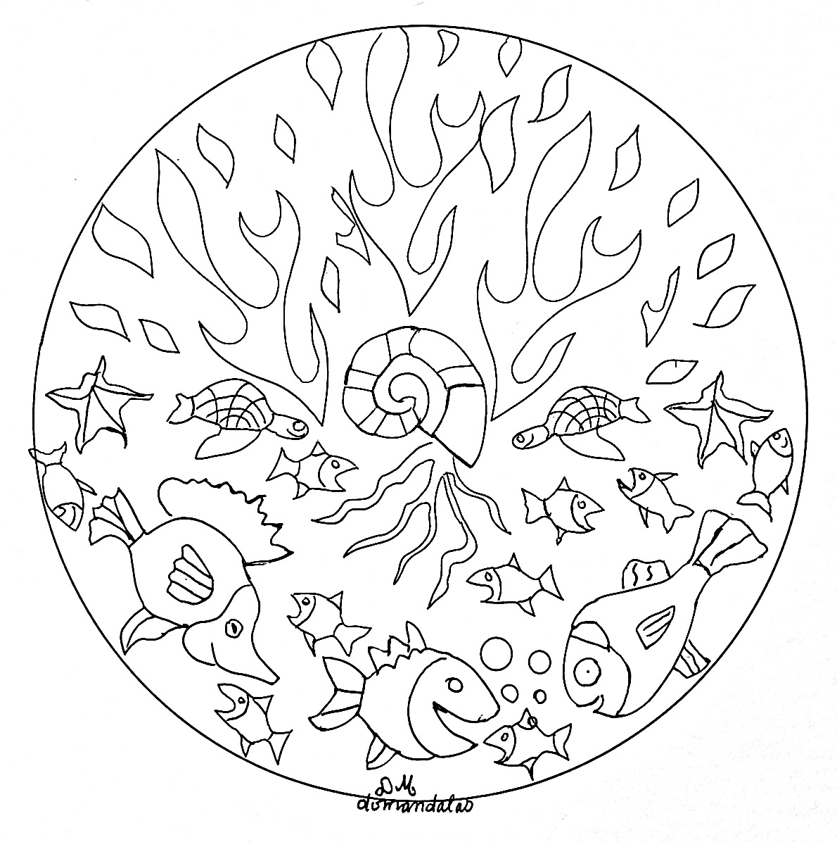 Un Mandala 'fonds marins' qui sort de l'ordinaire, qui vous permettra de passer un bon moment de coloriage, sans trop vous compliquer la vie à colorier de toute petites zones.