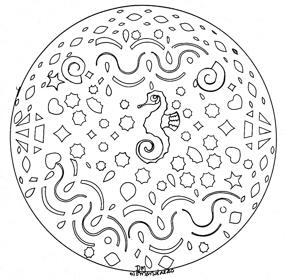 Si vous cherchez un Mandala 'hippocampe' pas trop compliqué à colorier, mais avec quand même un niveau de difficulté relatif, celui-ci est parfait pour vous.