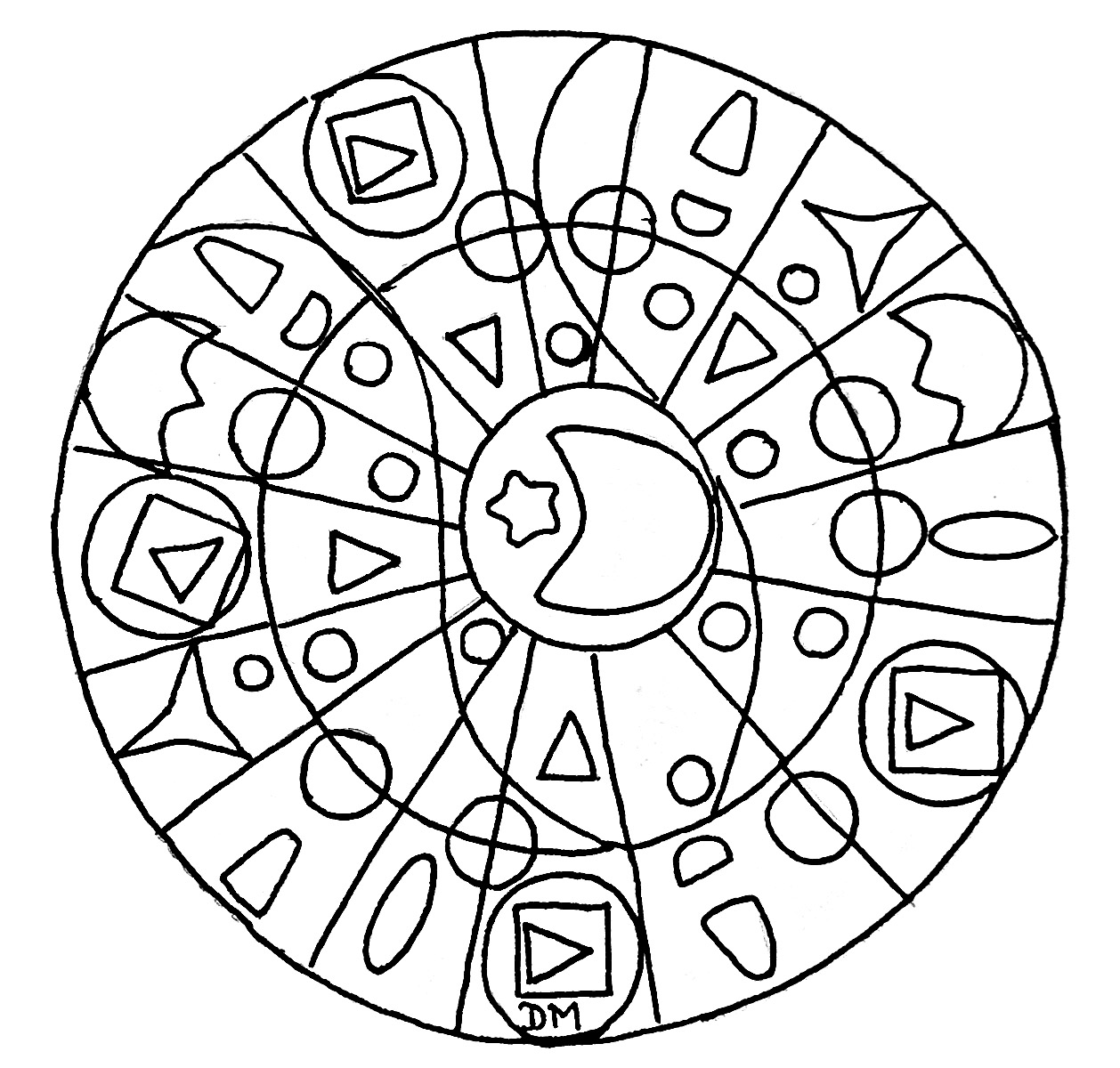Si vous cherchez un Mandala aux formes simples pas trop compliqué à colorier, mais avec quand même un niveau de difficulté relatif, celui-ci est parfait pour vous.