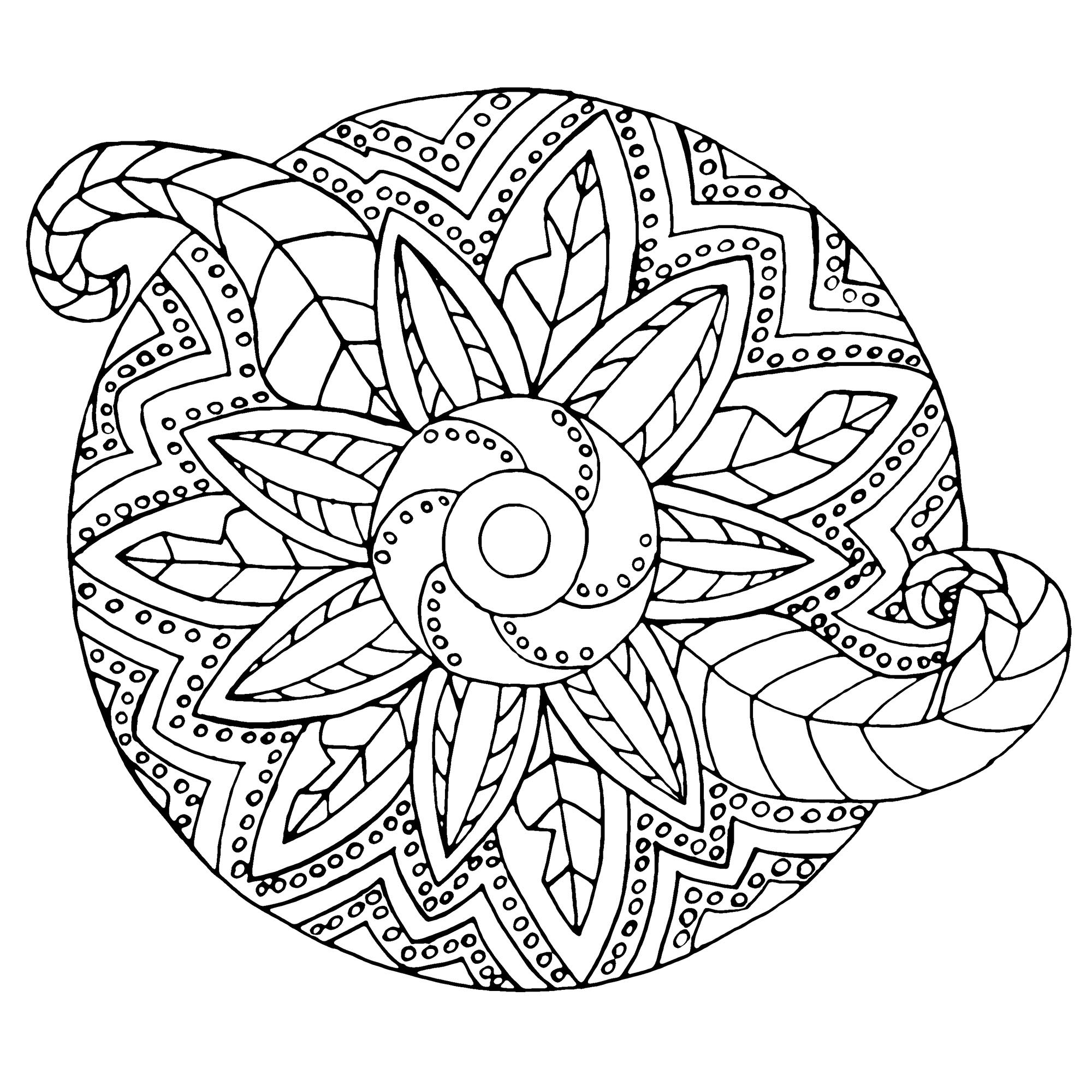 Un Mandala avec à la fois des formes métalliques et végétales. Il n'est pas trop compliqué, parfait pour les enfants.