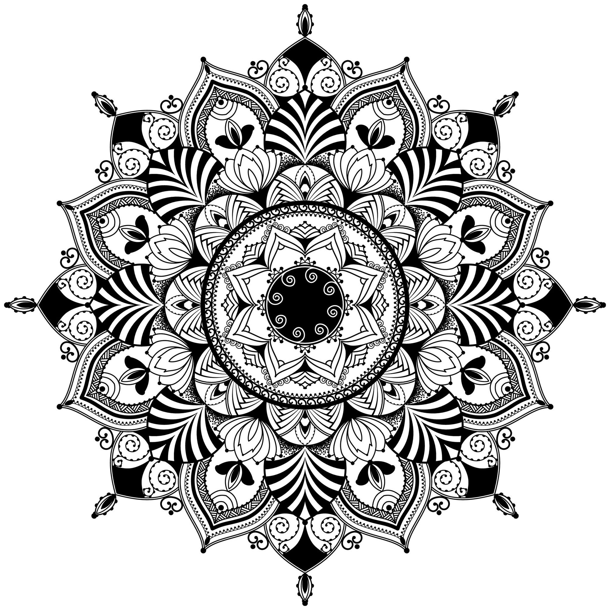 Si vous cherchez un Mandala pas trop compliqué à colorier, avec des éléments harmonieux et fleuris, et un niveau de difficulté relatif, celui-ci est parfait pour vous.