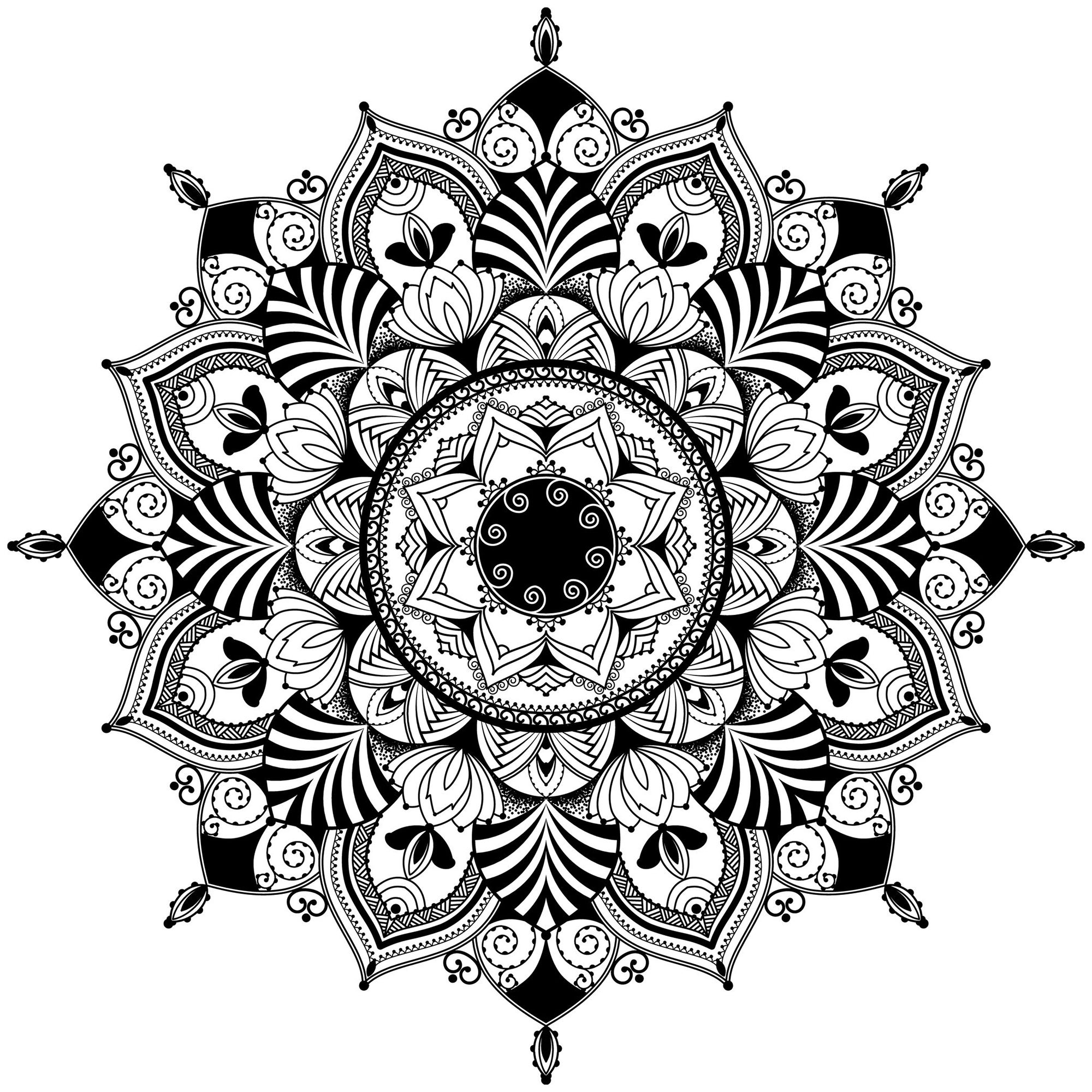 Mandalas de difficulté normale : Mandala éléments noir & blanc Mandalas de difficulté normale : Mandala éléments noir & blanc
