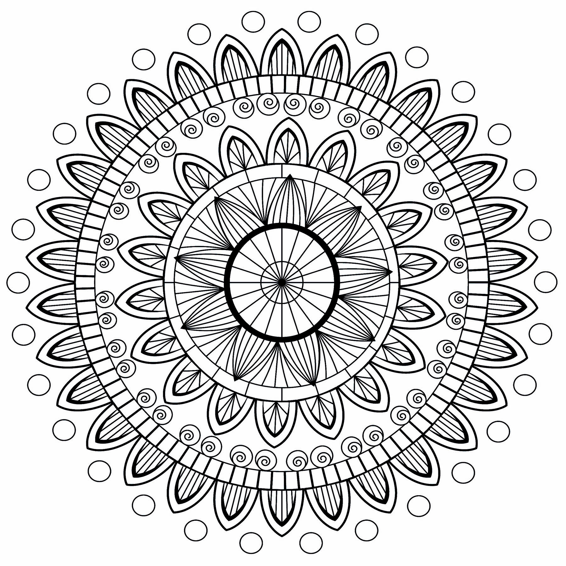 Un joli Mandala comportant divers niveaux de pétales élégants et réguliers. A colorier en y mettant toute votre créativité
