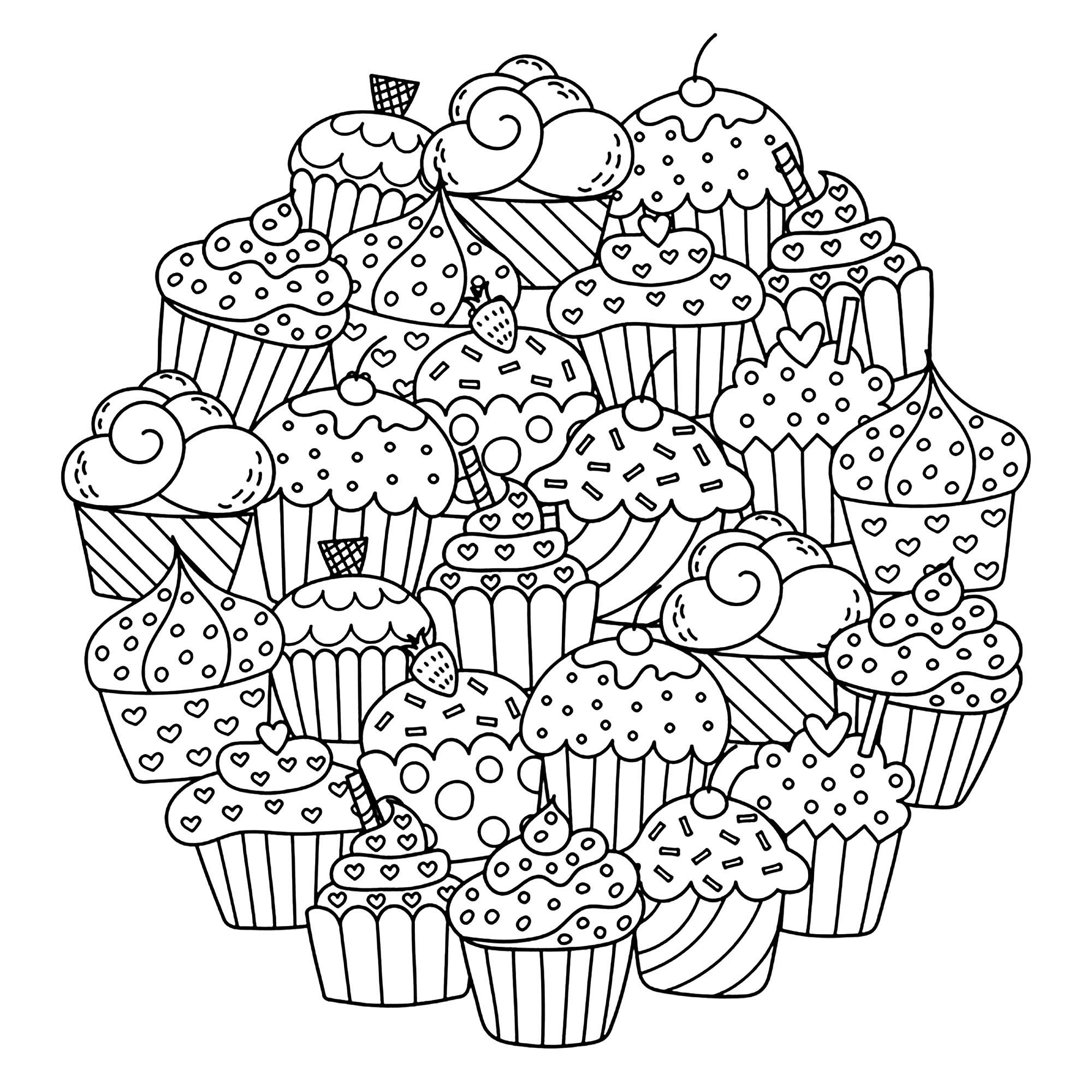 Joli Mandala composé de nombreux cupcakes ... Rendez-les délicieux à l'aide de vos feutres, crayons ou encore pinceaux.