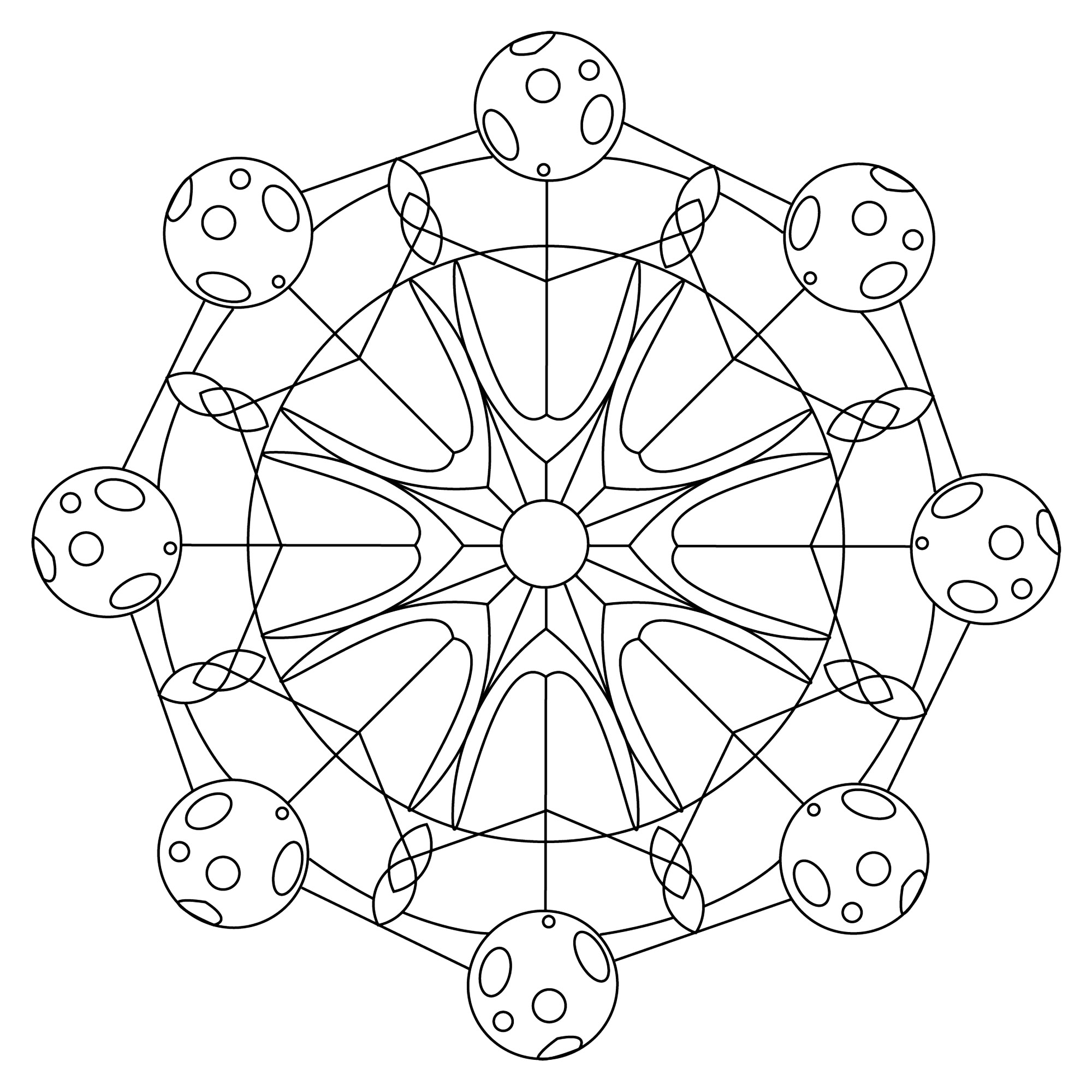 Le soleil et la lune sont réunis dans ce joli mandala, assez facile à colorier