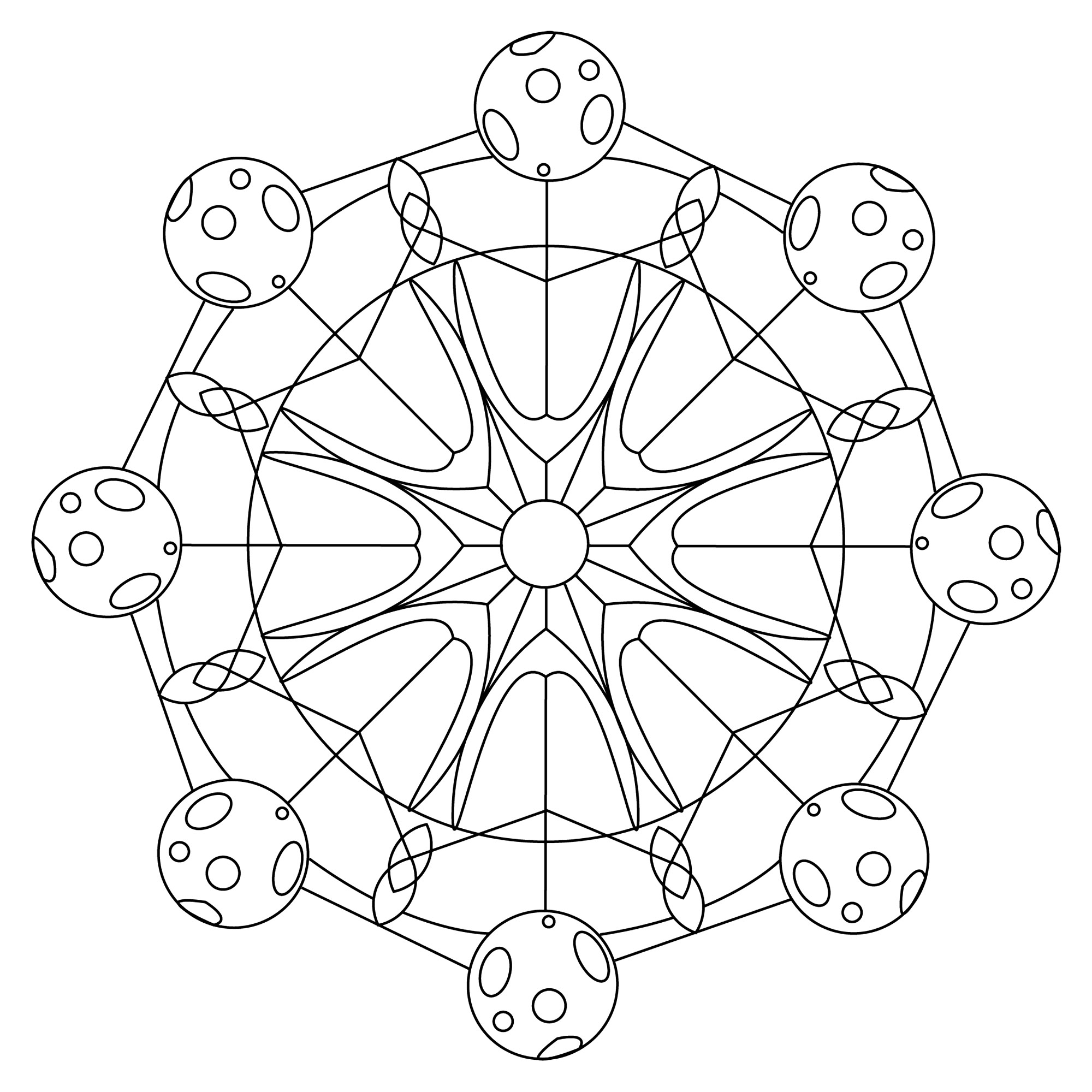 Le soleil et la lune sont réunis dans ce joli mandala, assez facile à colorier, Artiste : Esteban