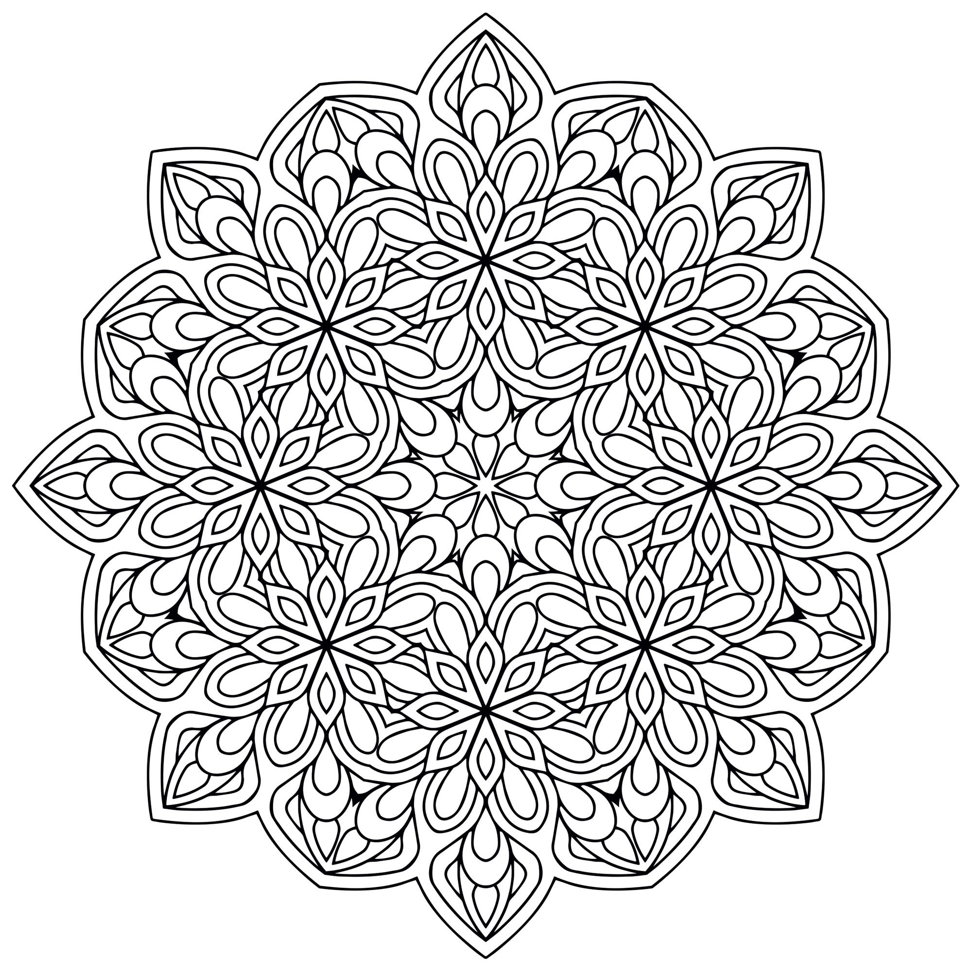 Un Mandala de difficulté 'normale', très symétrique, qui conviendra aux enfants et aux adultes qui souhaitent des coloriages ni trop simples ni trop difficiles.