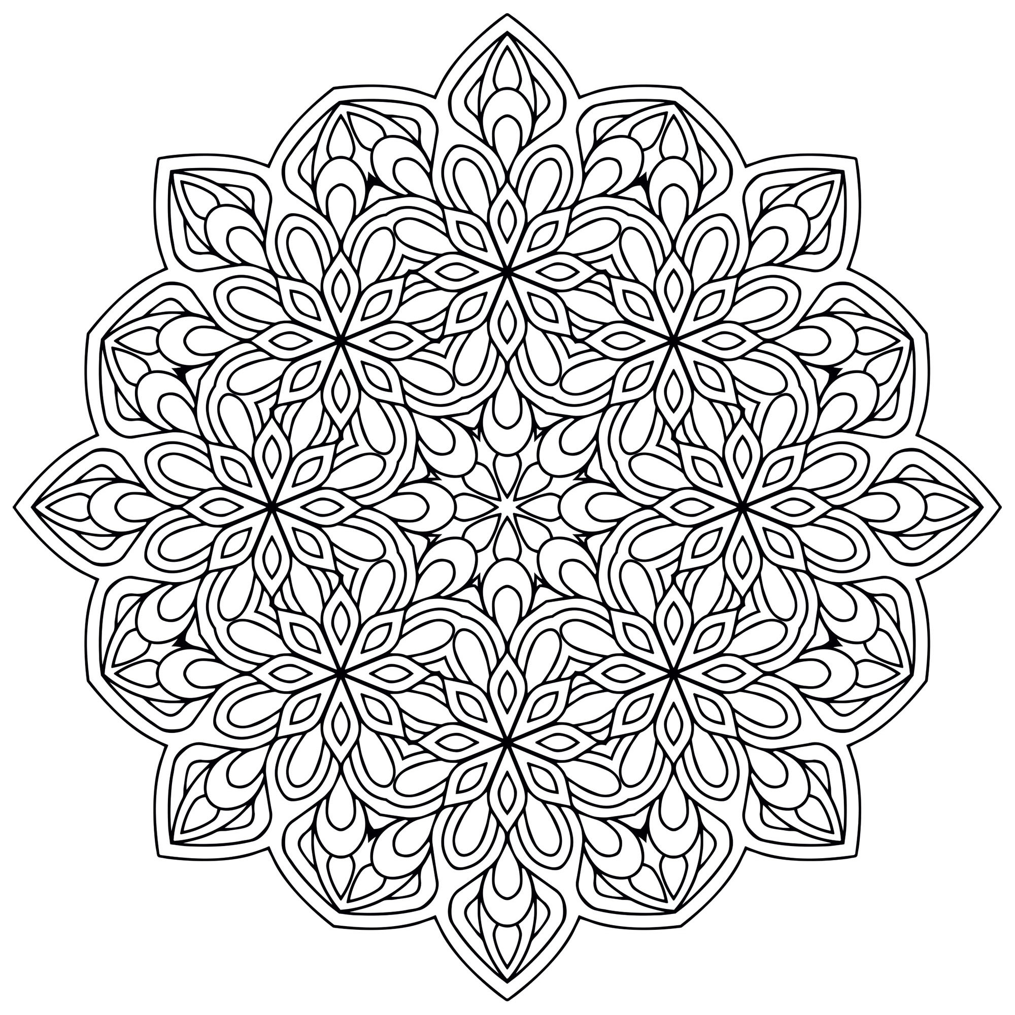 Un Mandala de difficulté 'normale', très symétrique, qui conviendra aux enfants et aux adultes qui souhaitent des coloriages ni trop simples ni trop difficiles.
