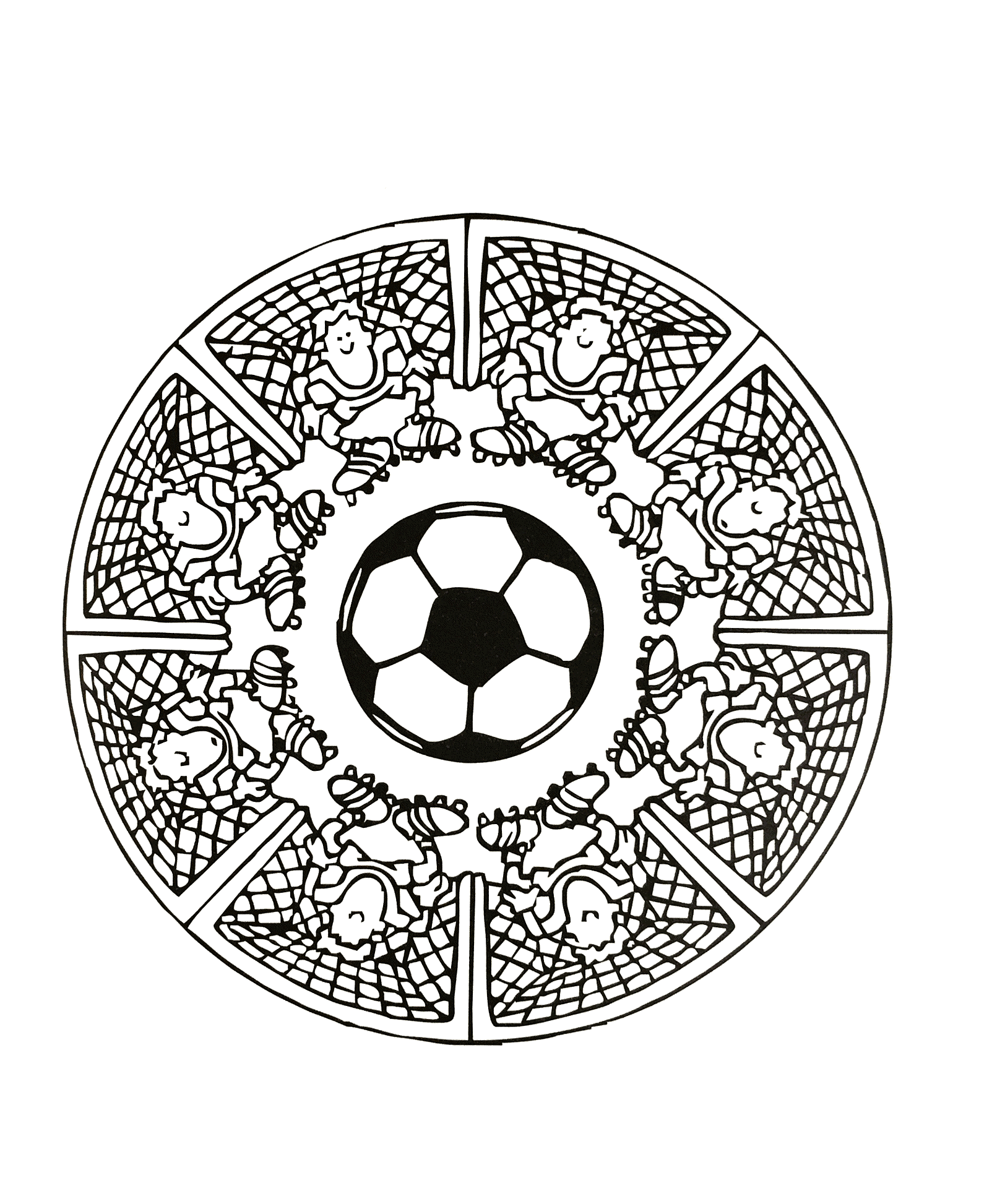 Superbe mandala dans l'ambiance 'footballistique', avec une succession de cages de football ainsi que de gardien de but.