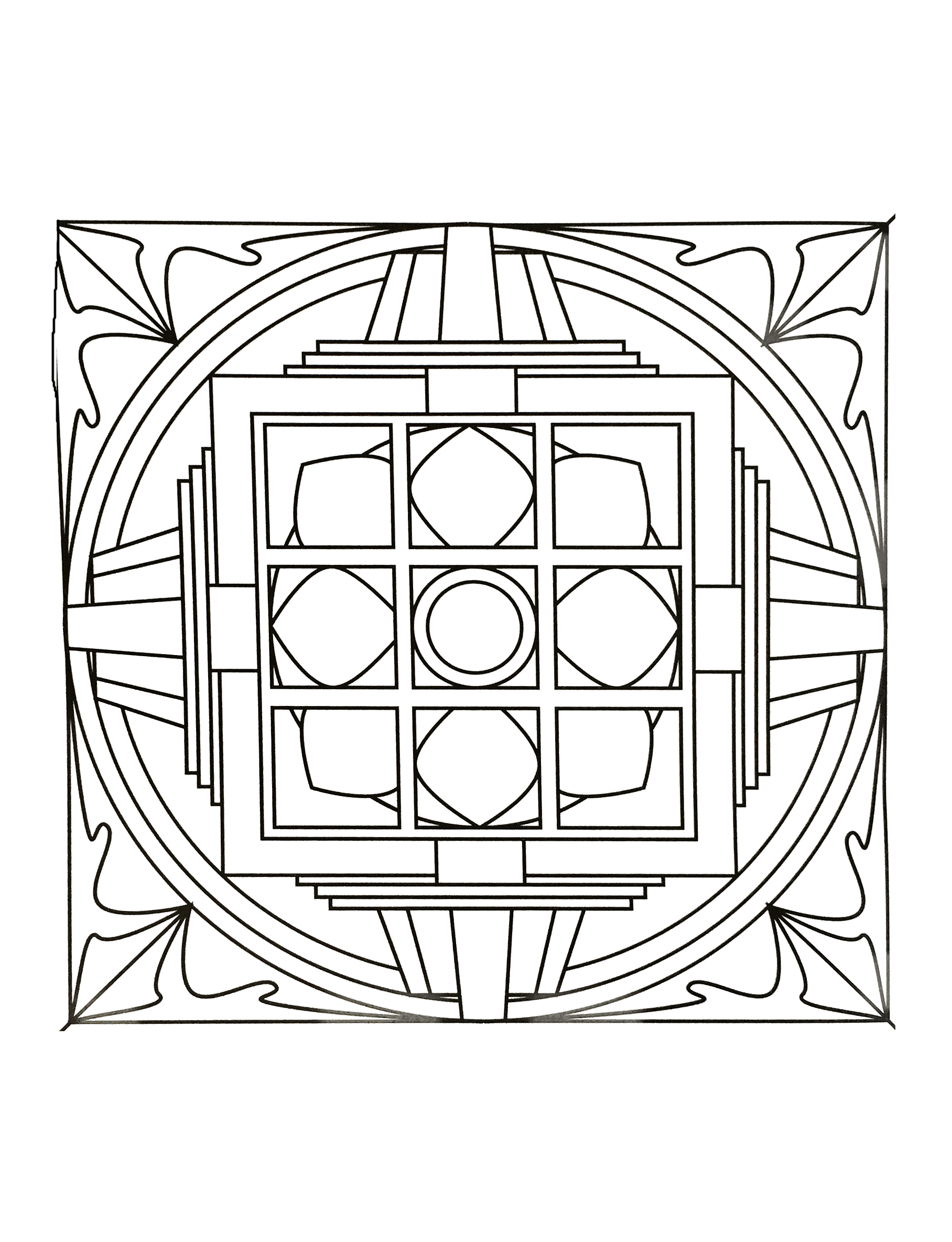 Superbe mandala de forme géométrique où figure plusieurs éléments tels que des losanges, cercles ainsi que des rectangles. Assez simple à colorier.