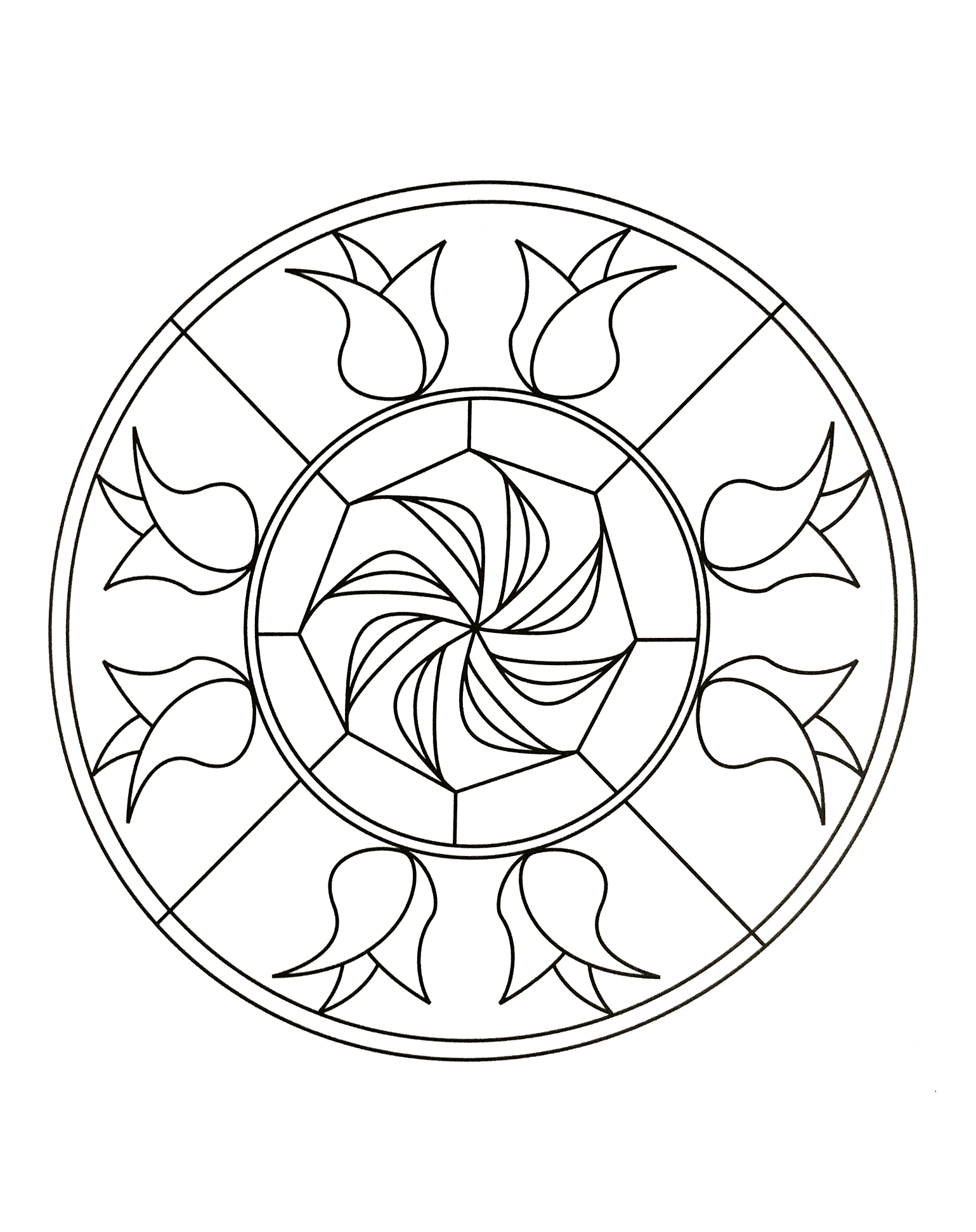 Magnifique mandala assez fleuri représentant deux coquelicots symétriques ainsi qu'une très jolie fleur au centre du mandala. Facile à colorier.;