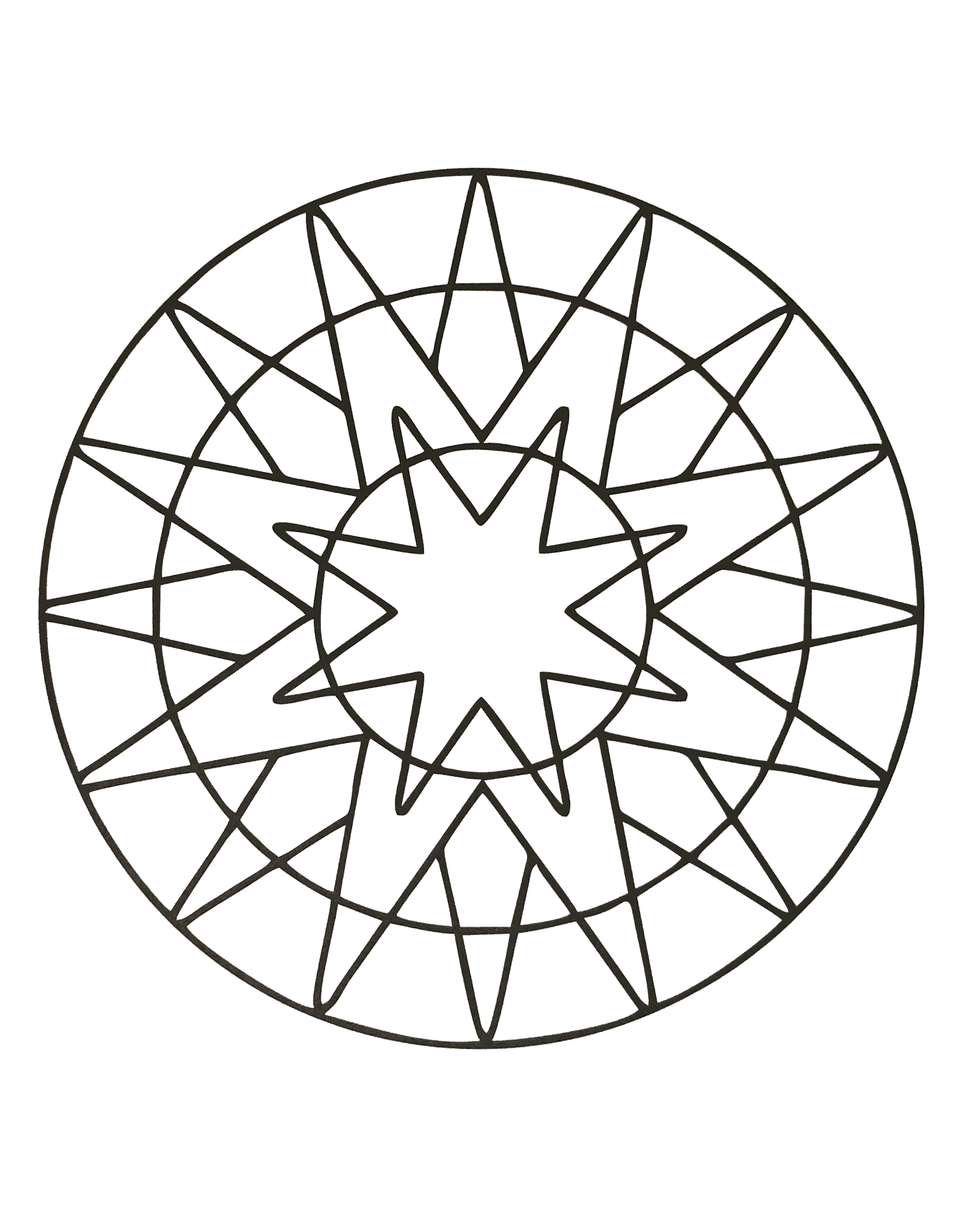 Mandala à télécharger avec une succession de formes étoilées. Simple à colorier.