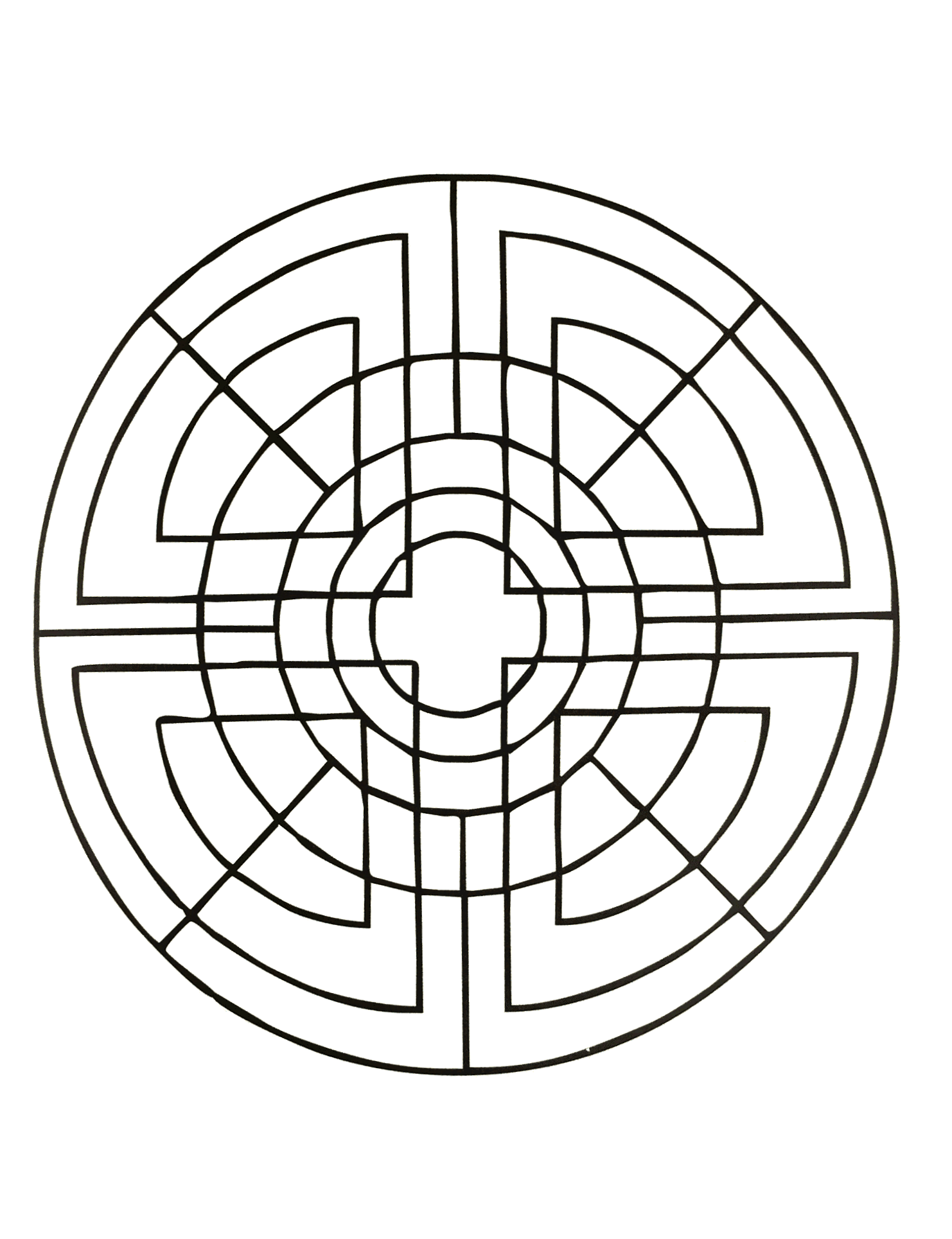 Magnifique mandala symétrique avec des formes géométrique (triangles, cercles ainsi qu'une croix au centre).