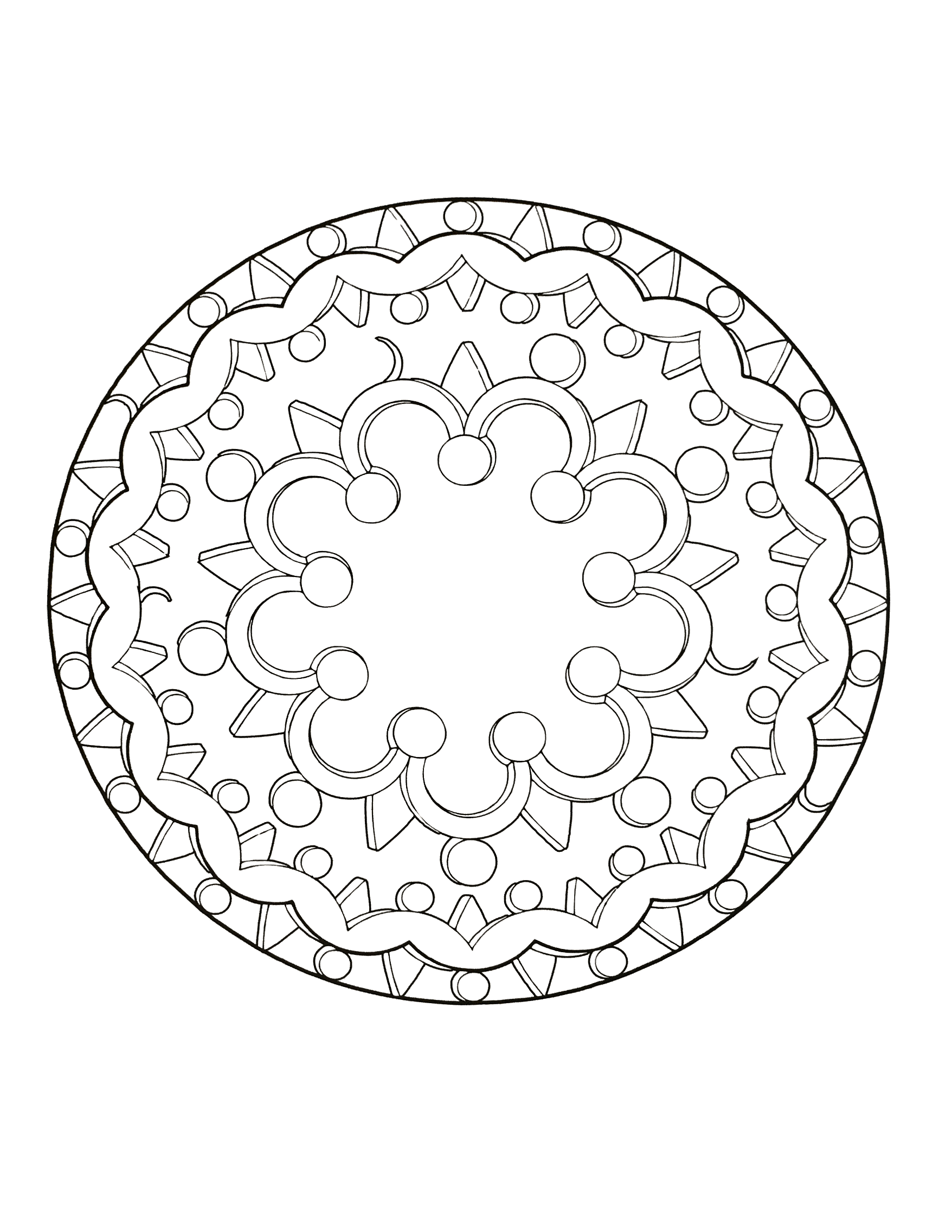 Extraordinaire mandala avec une succession de dessin et de formes géométrique telles que plusieurs cercles et triangles. Facile à colorier.