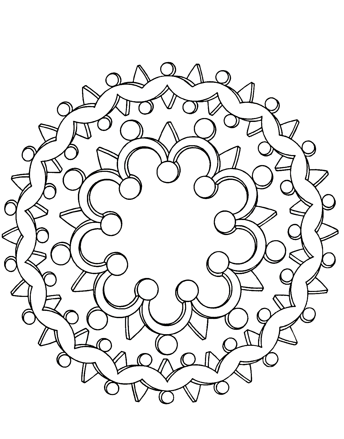 Mandala à télécharger de différents éléments tels que des cercles ainsi que plusieurs triangles autour de celui-ci.
