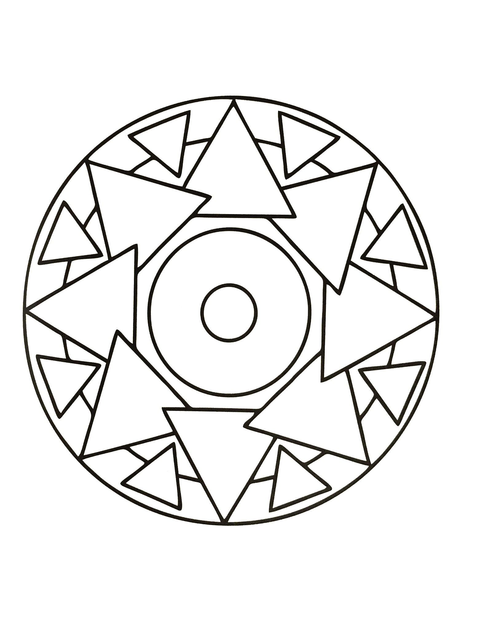 Magnifique mandala avec une succession de triangles ainsi qu'un joli cercle au centre. Assez simple à colorier.