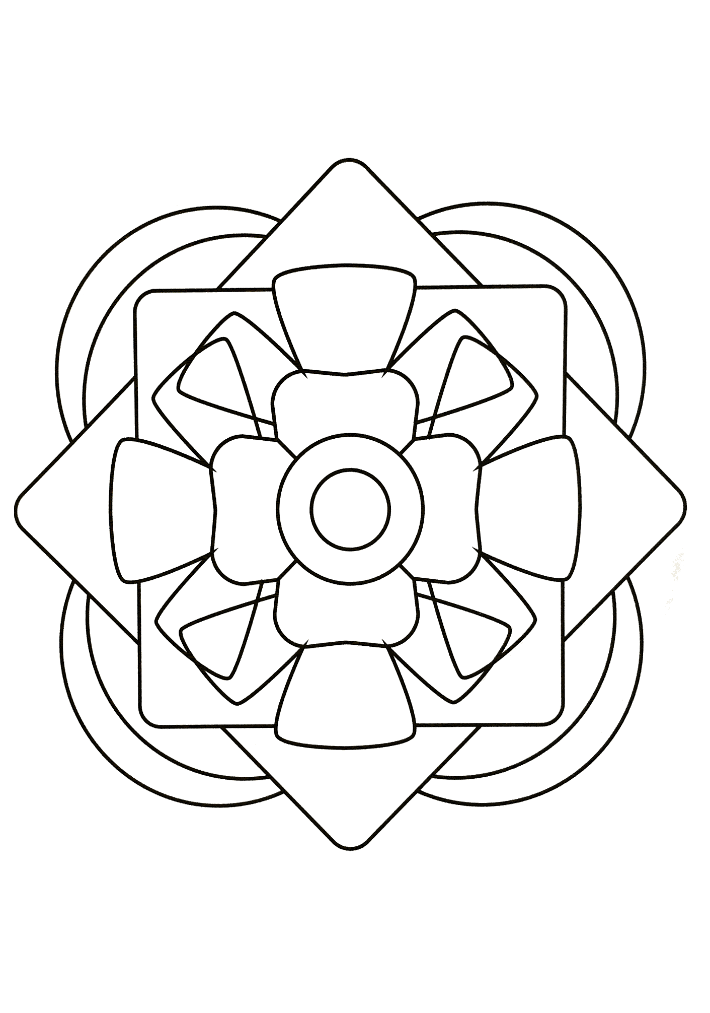 Superbe mandala à colorier de différentes formes géométrique telles que plusieurs cercles ainsi que différents arcs de cercles autour de celui-ci.