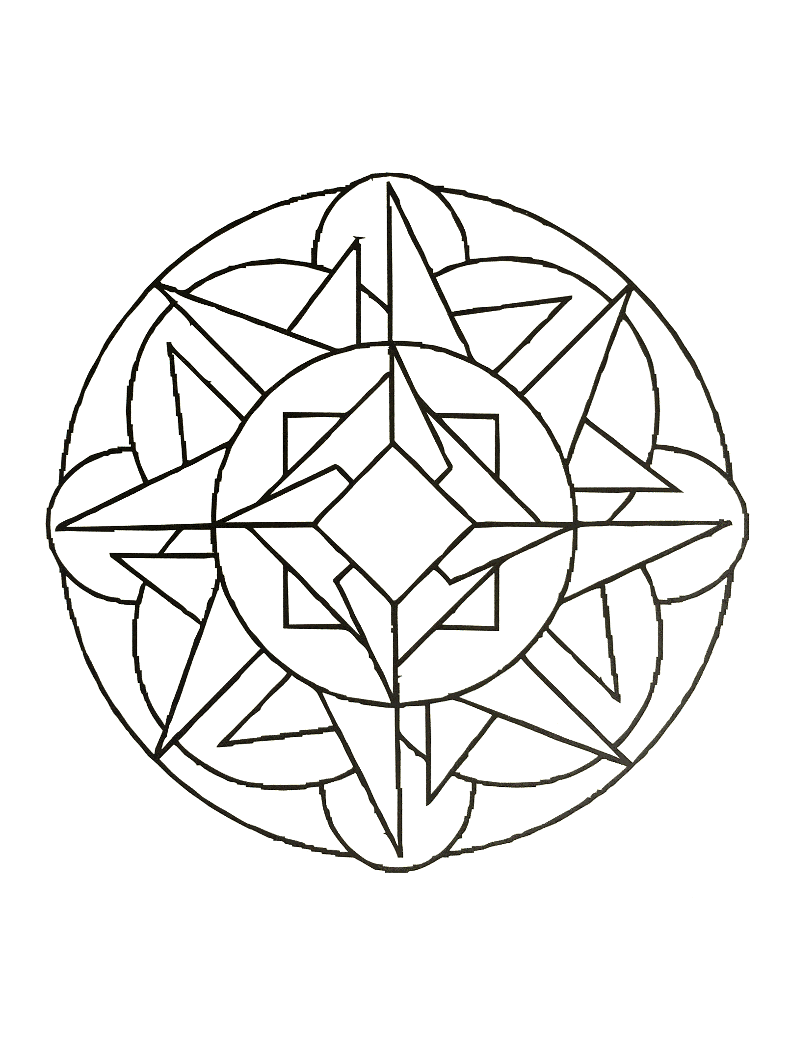 Mandala à télécharger de forme géométrique où figures plusieurs éléments géométrique comme des carrés, des arcs des cercles ainsi que des triangles.