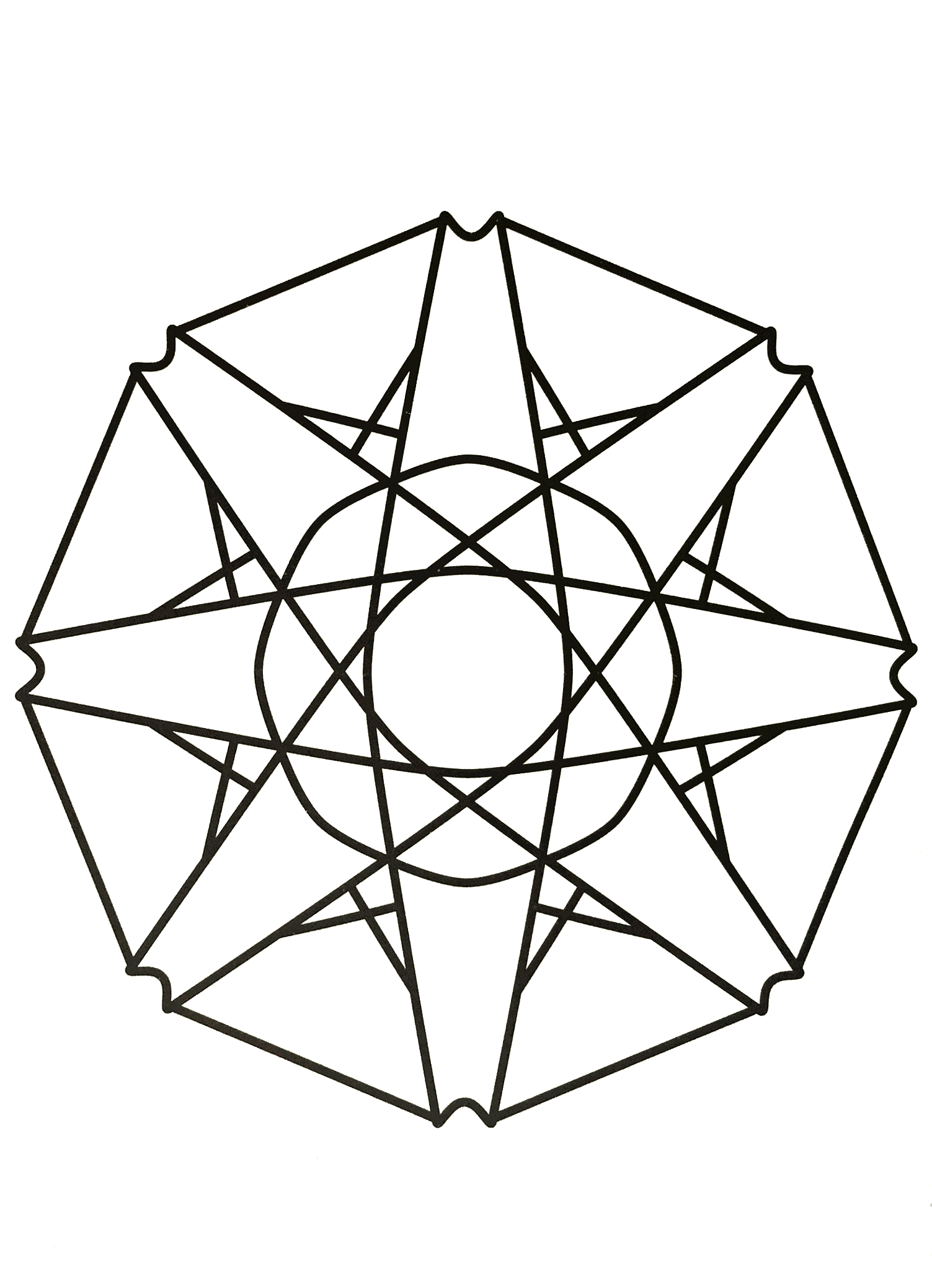 Magnifique mandala symétriques avec plusieurs triangles ainsi qu'une superbe étoile au centre du dessin. Assez simple à colorier.