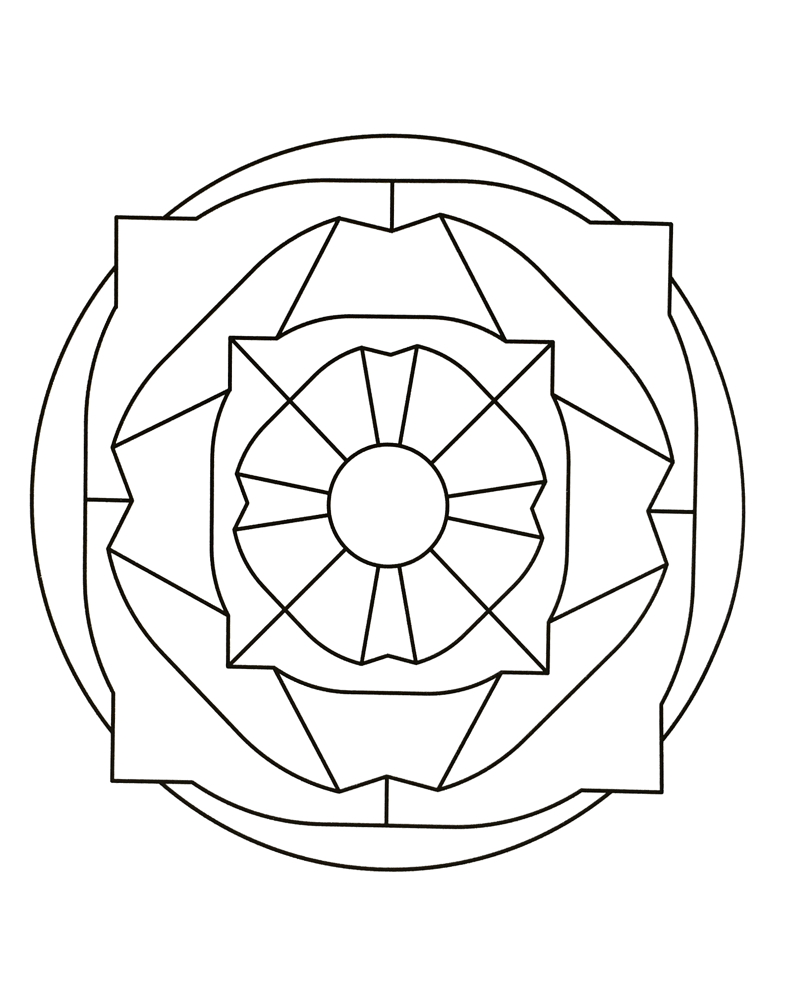 Superbe mandala avec différentes formes géométriques comme des triangles autour, un carré ainsi qu'un cercle au centre de celui-ci.