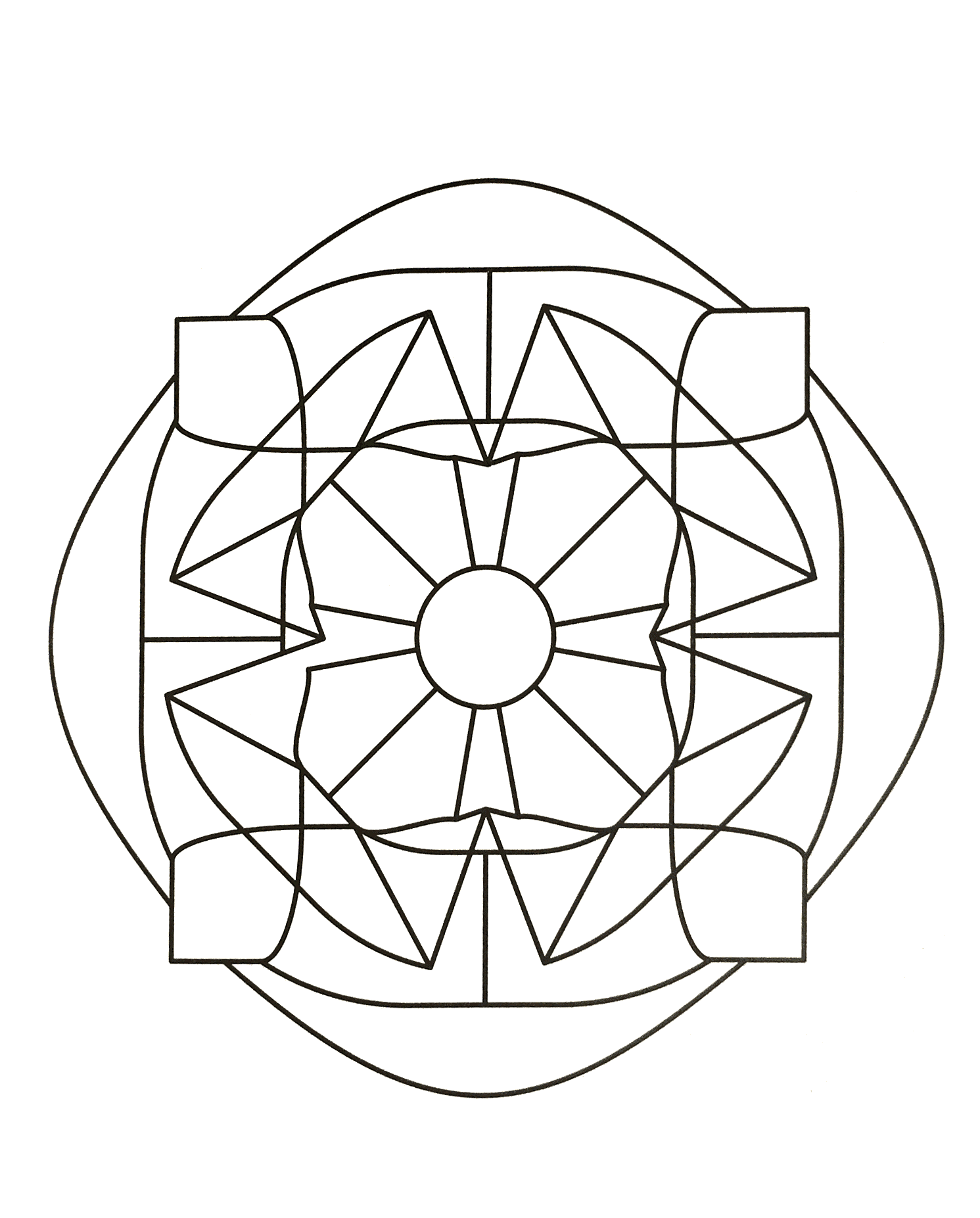 Joli mandala symétrique assez abstrait où figure différents éléments comme plusieurs triangles ainsi qu'un cercle au centre du dessin.