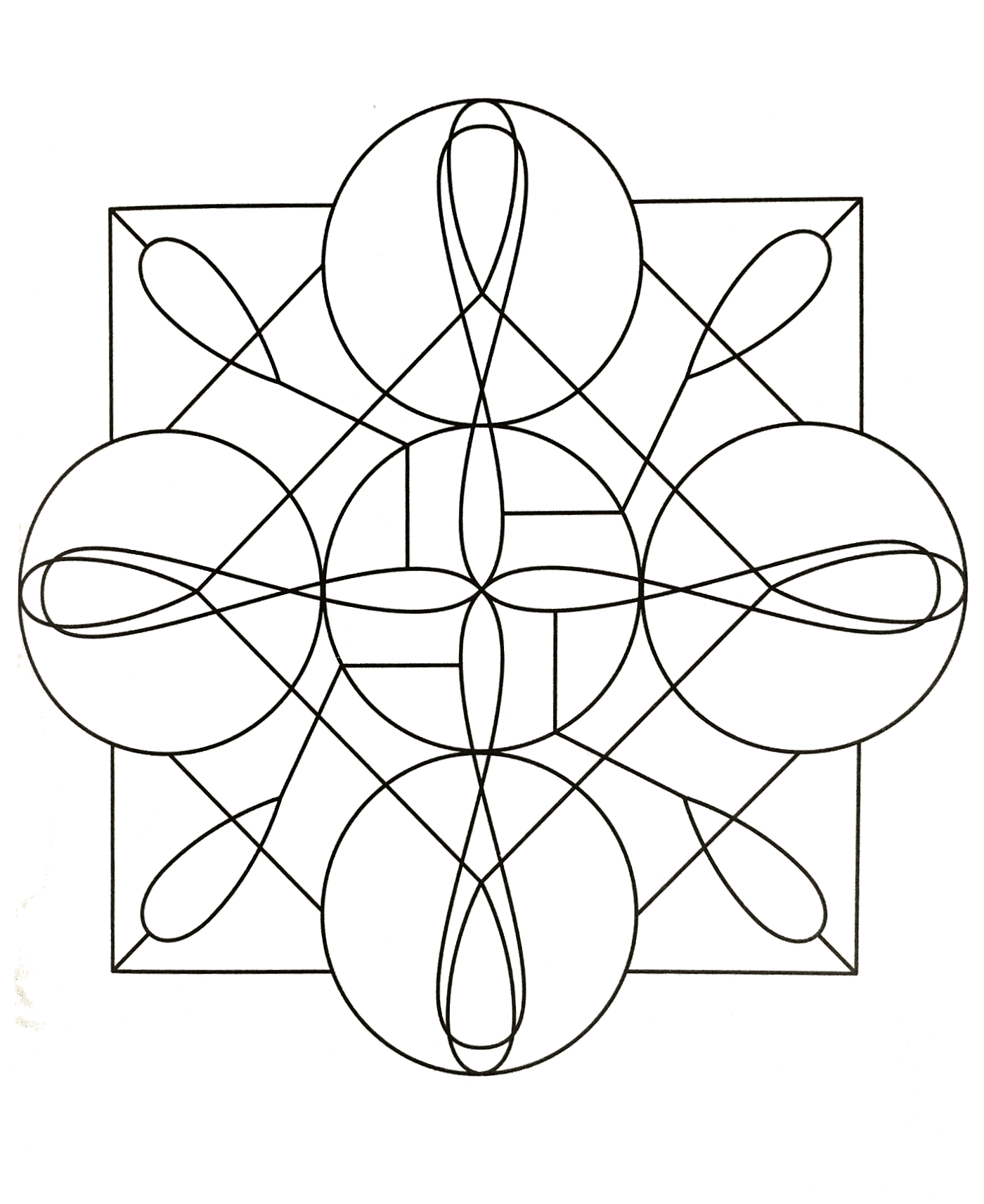 Coloriage de mandala assez graphique où figure des carrés ainsi que plusieurs formes ovales. Le niveau de ce mandala est normal.