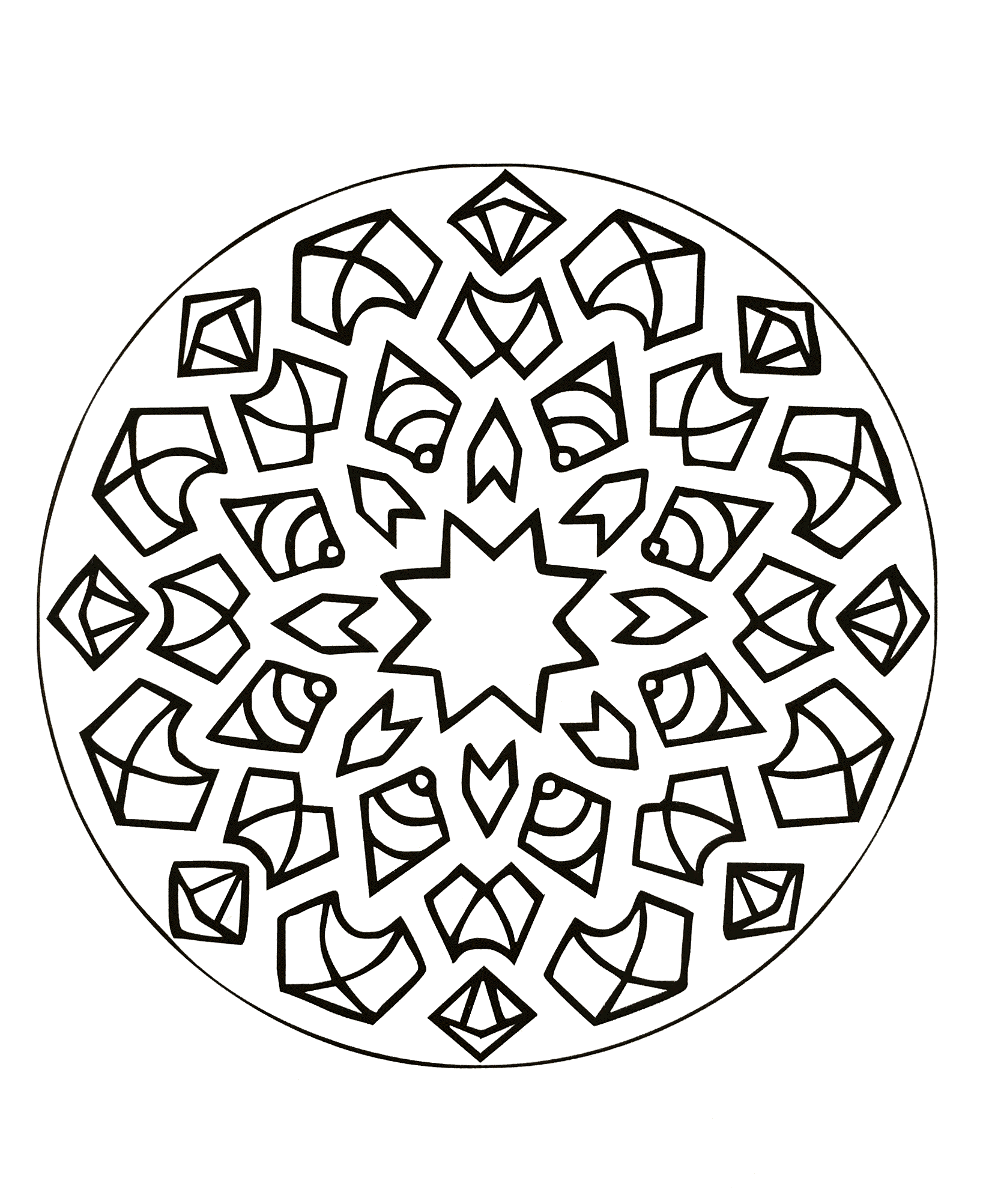 Mandala à colorier symétrique avec une jolie fleur au centre de celui-ci. Assez facile à colorier.