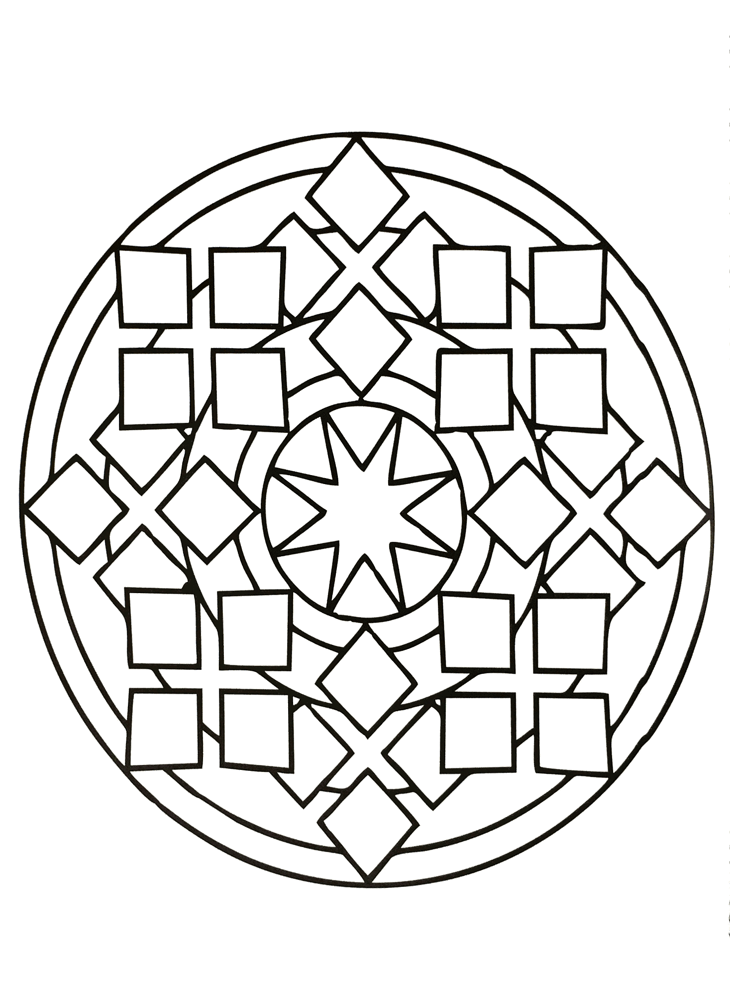 Mandala à télécharger avec différentes formes géométriques telles que des carrés, plusieurs losanges ainsi qu'une superbe étoile au centre de celui-ci.
