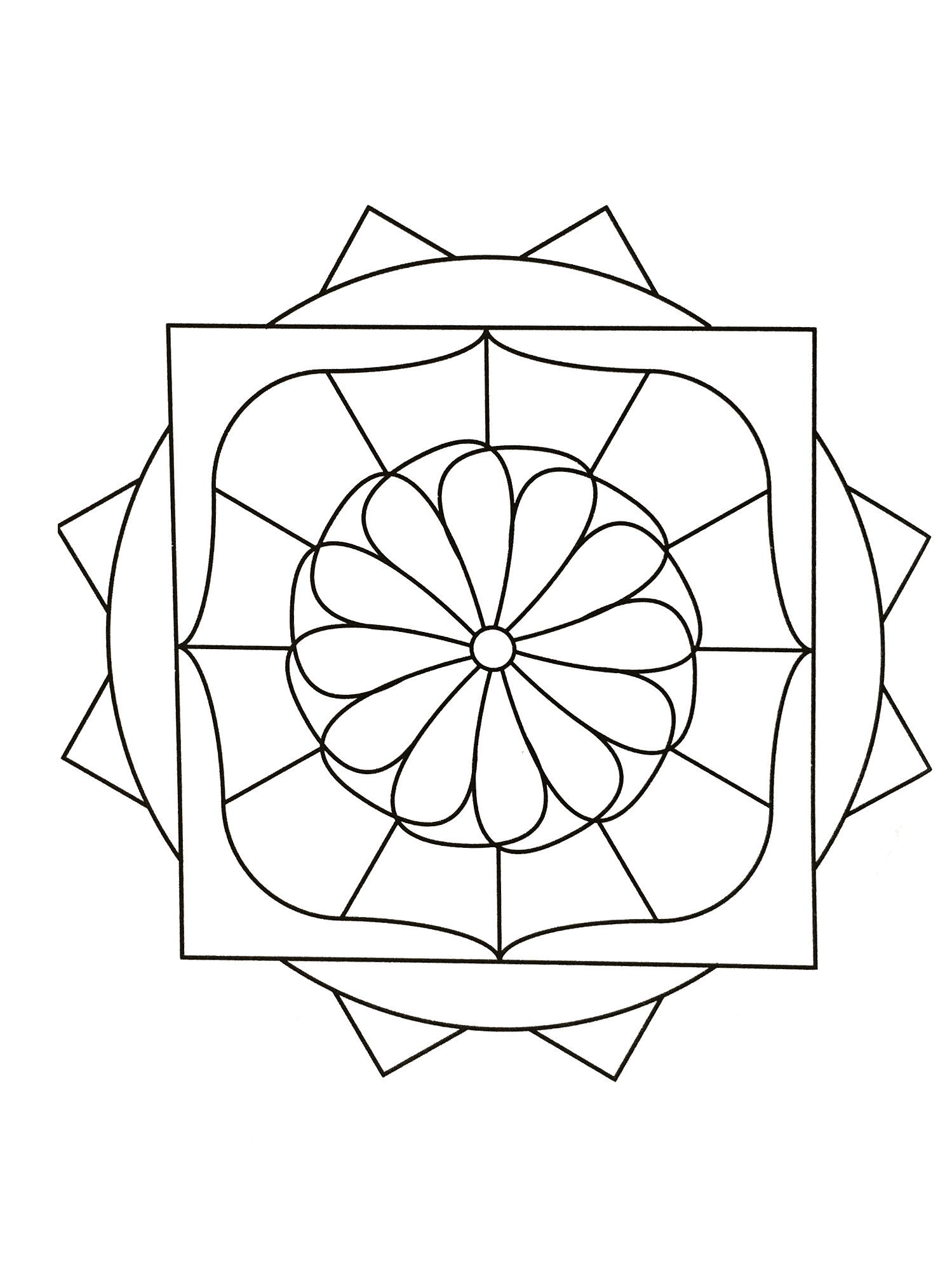 Très joli mandala à imprimer avec plusieurs formes ainsi qu'une très jolie fleur au centre de celui-ci. Facile à colorier.