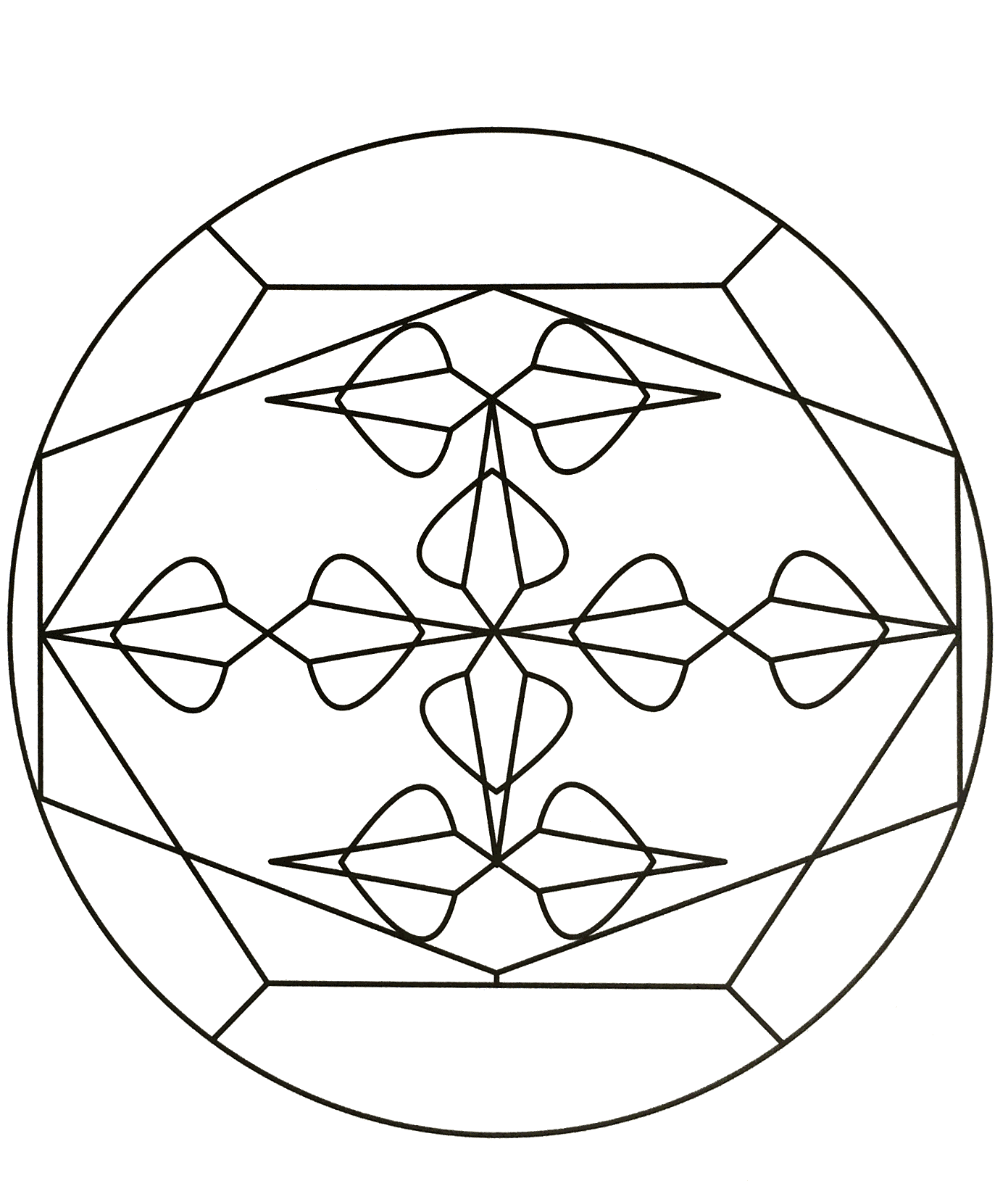 Superbe mandala à colorier assez abstrait avec différentes formes géométriques. Assez facile à colorier.