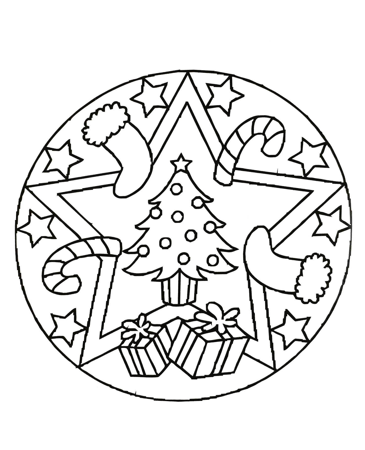 Original mandala dans l'esprit de noël avec différents éléments pouvant rappeler cette occasion. Facile et sympa à colorier.