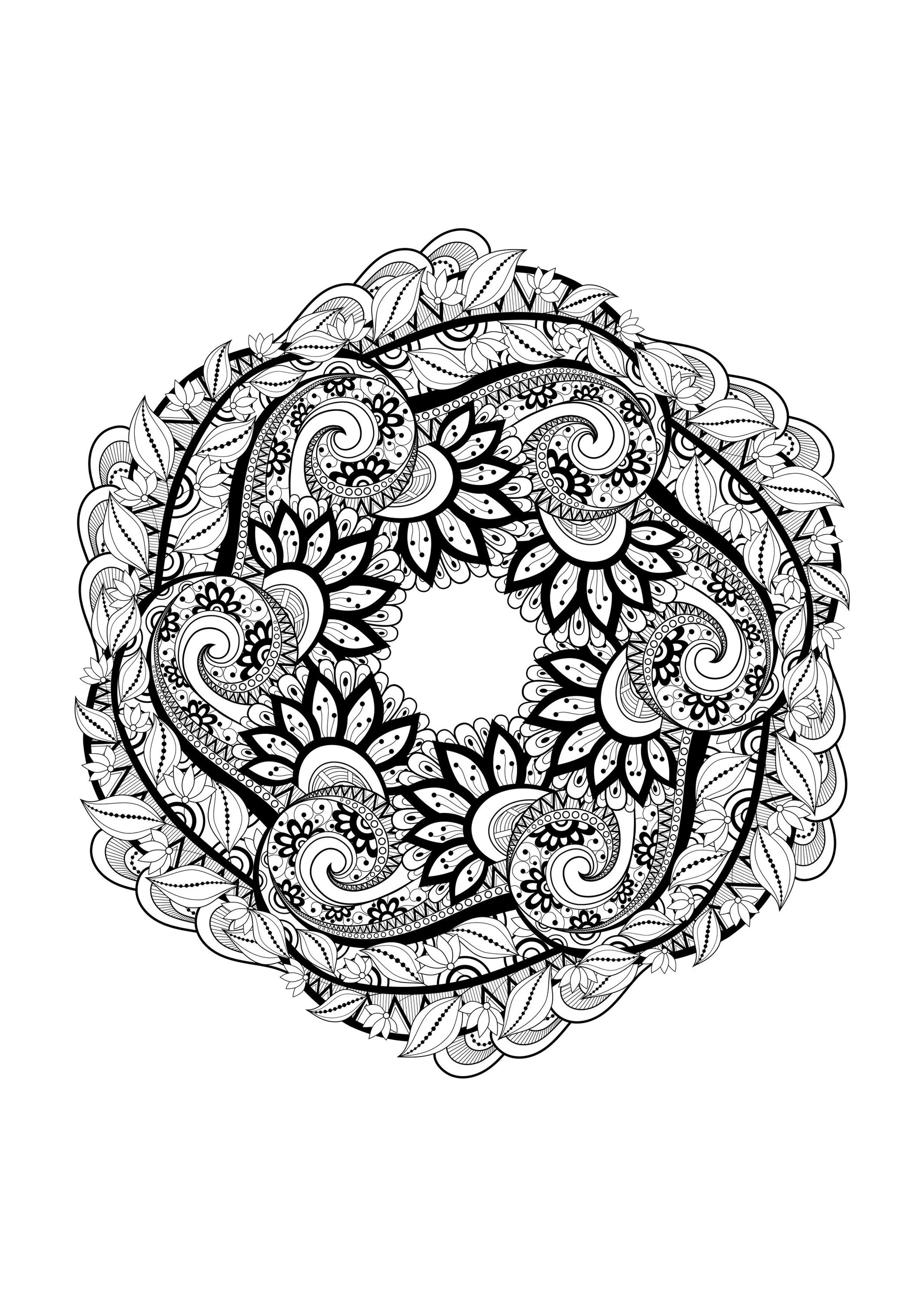 coloriage adulte mandala feuilles et fleurs