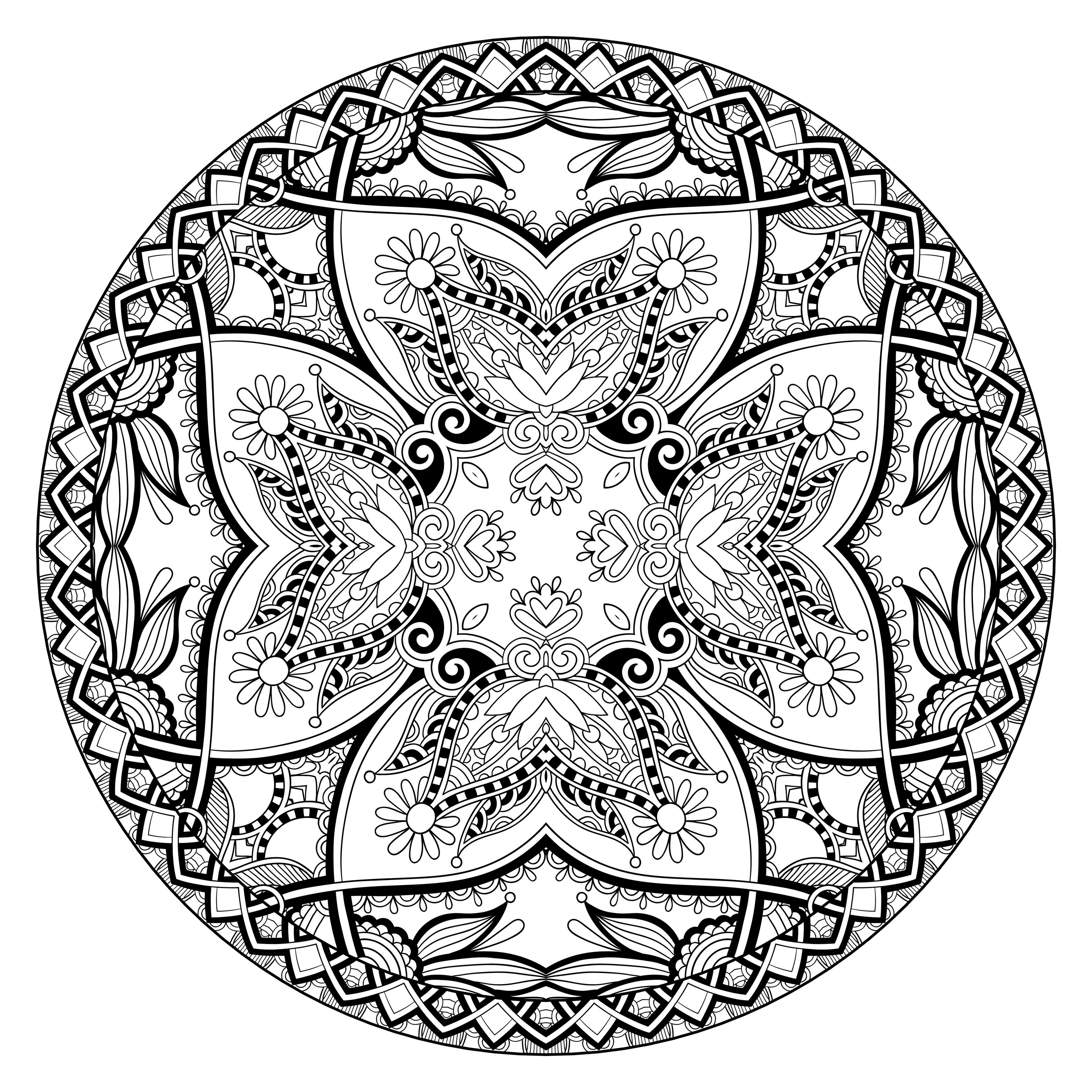 Un Mandala magnifique pour les pros ! Des dizaines et des dizaines de petites zones qui n'attendent que quelques couleurs choisies avec goût.