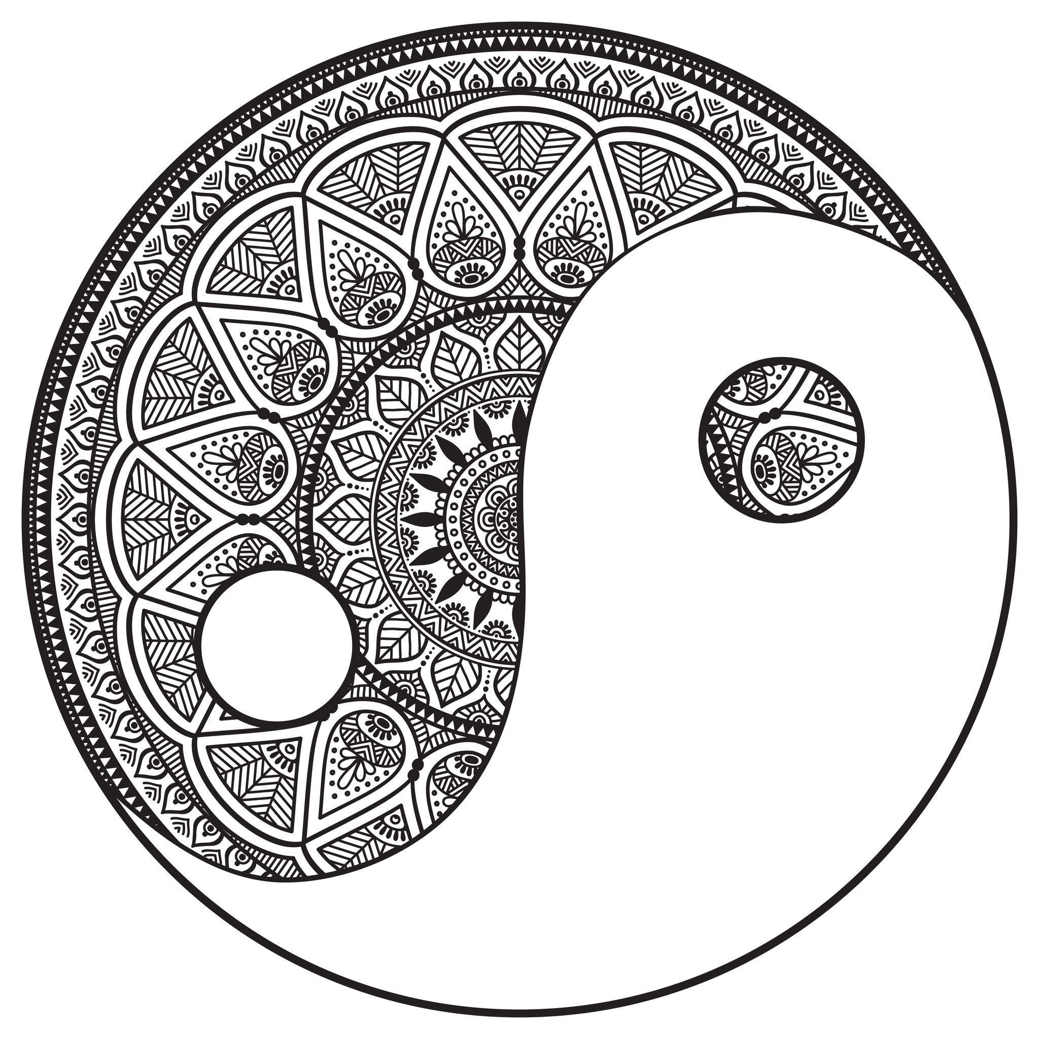 Choisissez la technique que vous préférez pour mettre en couleur ce Mandala exclusif représentant un symbole de Yin et Yang ! Intégrez votre âme à ce beau Mandala ... vous pouvez laisser la zone blanche vide ou la colorier, c'est comme vous préférez.