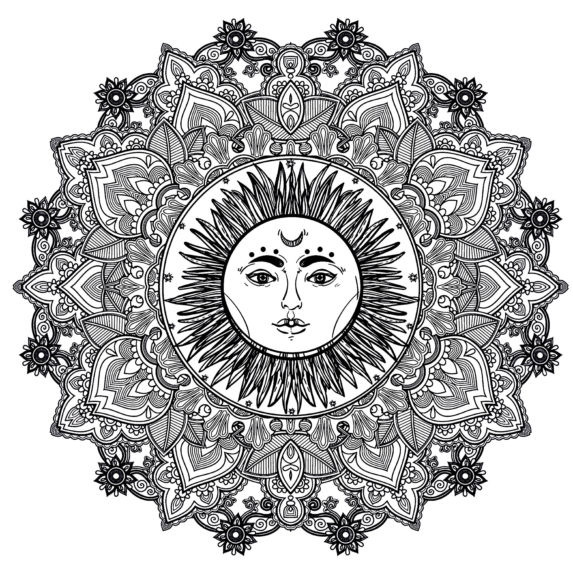 Un Mandala très harmonieux, avec un joli soleil à visage humain en son centre, pour un moment de pure relaxation. Vous ressentirez immédiatement les bénéfices de l'Art Thérapie.