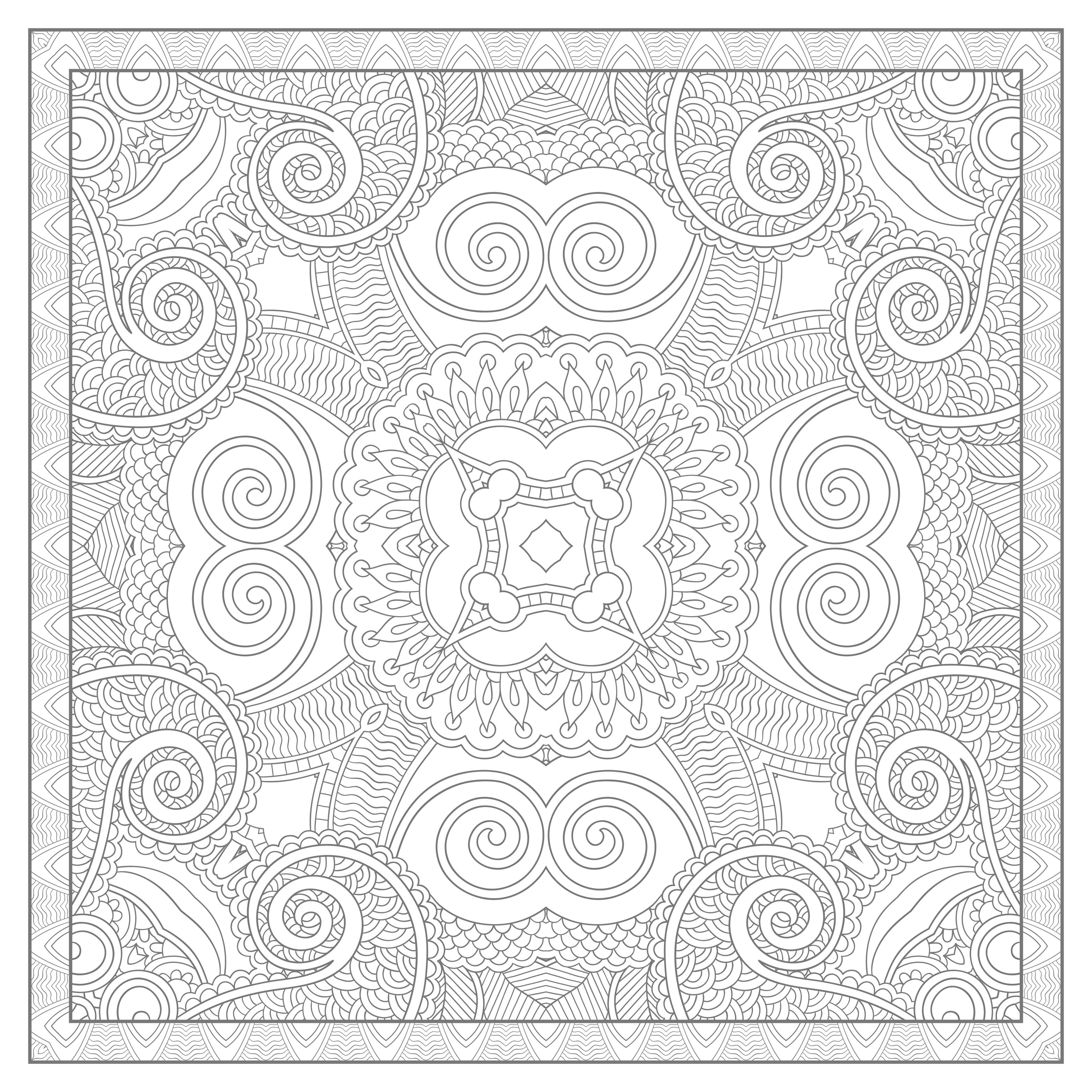 Un Mandala très relaxant, également très complexe, pour un moment de pure décompression. Il est de forme carrée (original) et ses traits sont en gris et non en noir.