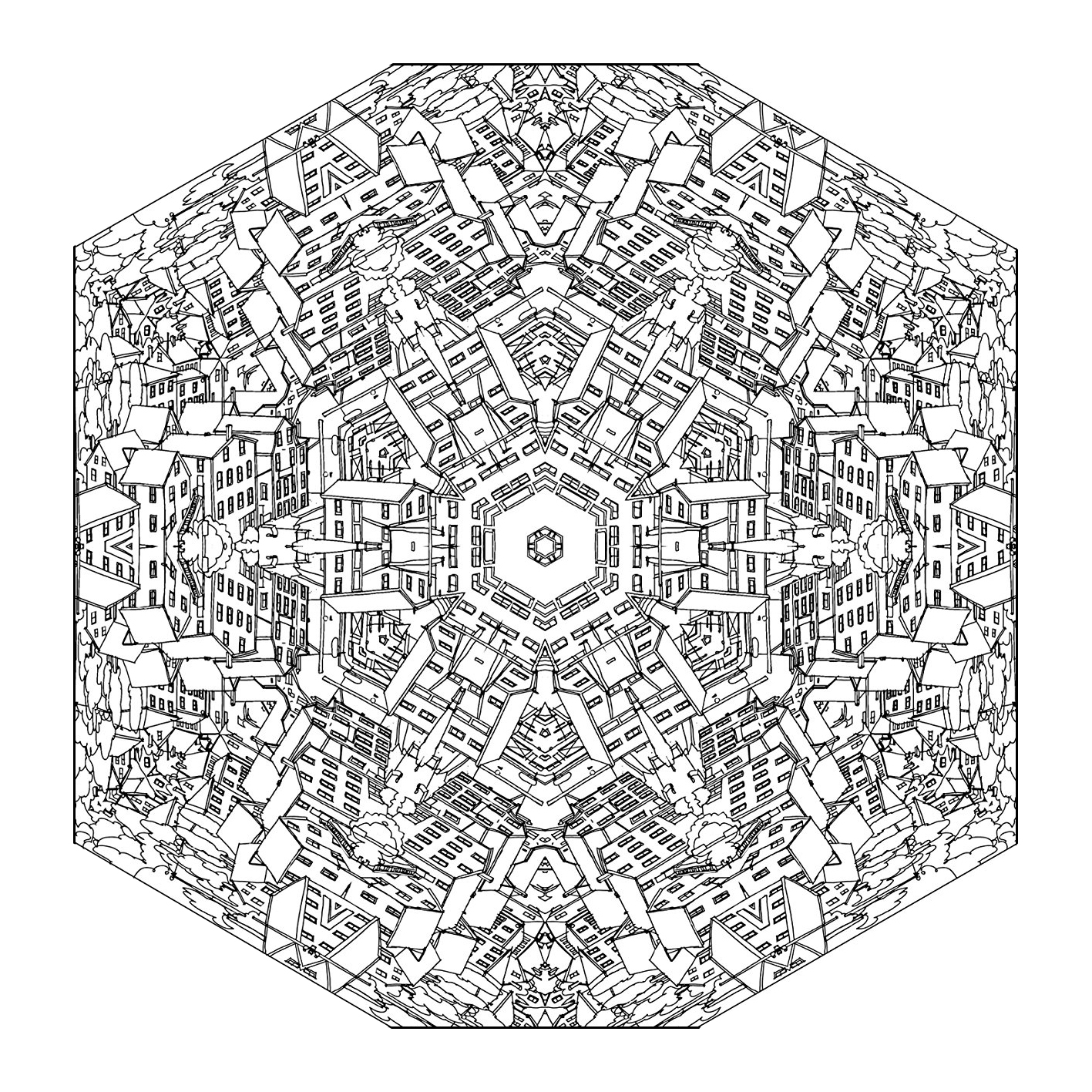 Offrez-vous une parenthèse de zénitude avec ce superbe Mandala inspiré par les éléments urbains (rues, maisons, routes ...) à colorier sans plus attendre, avec les couleurs qui vous plaisent le plus.