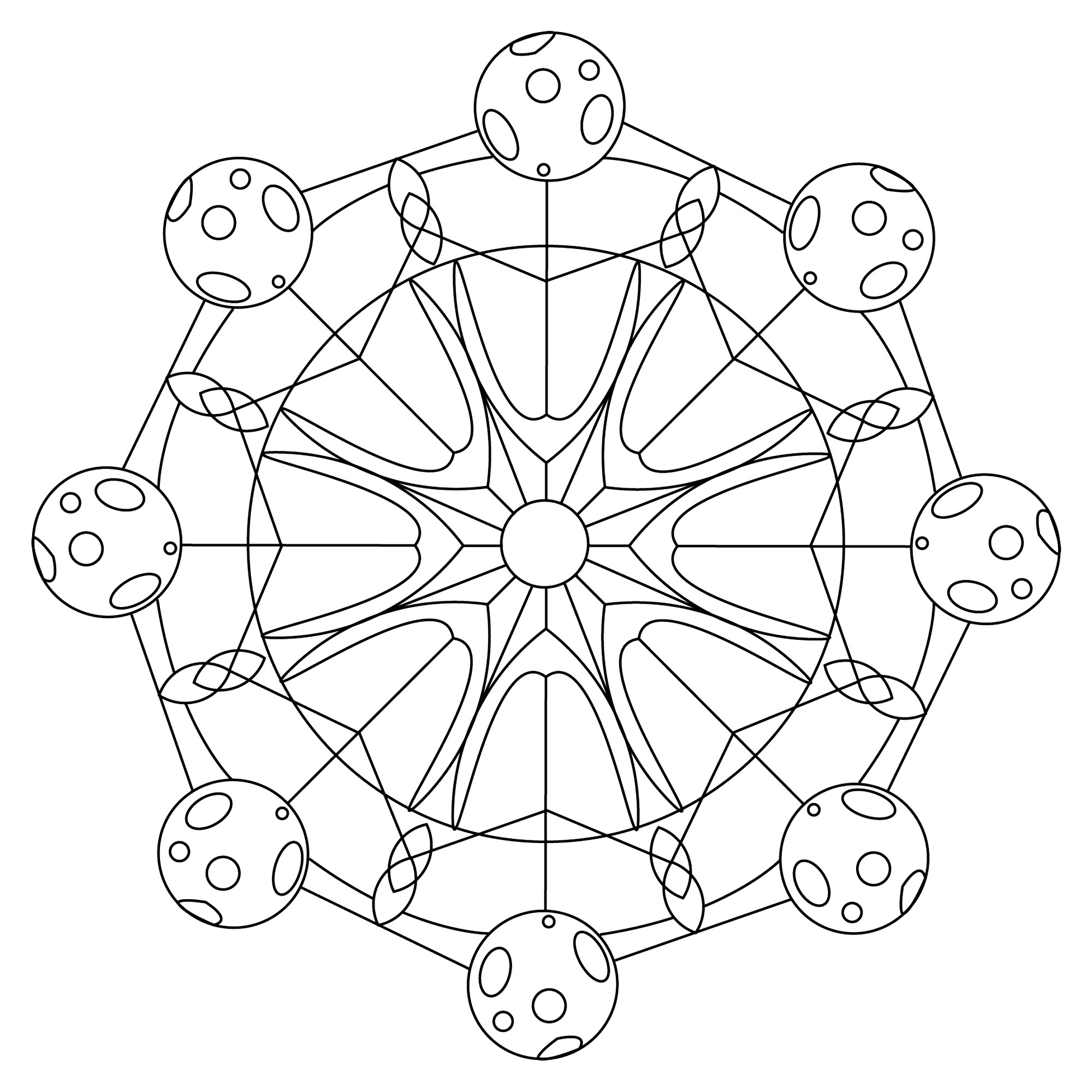 Joli Mandala comportant en son centre la symbolique du soleil, et à chaque extrémité une représentation de la lune